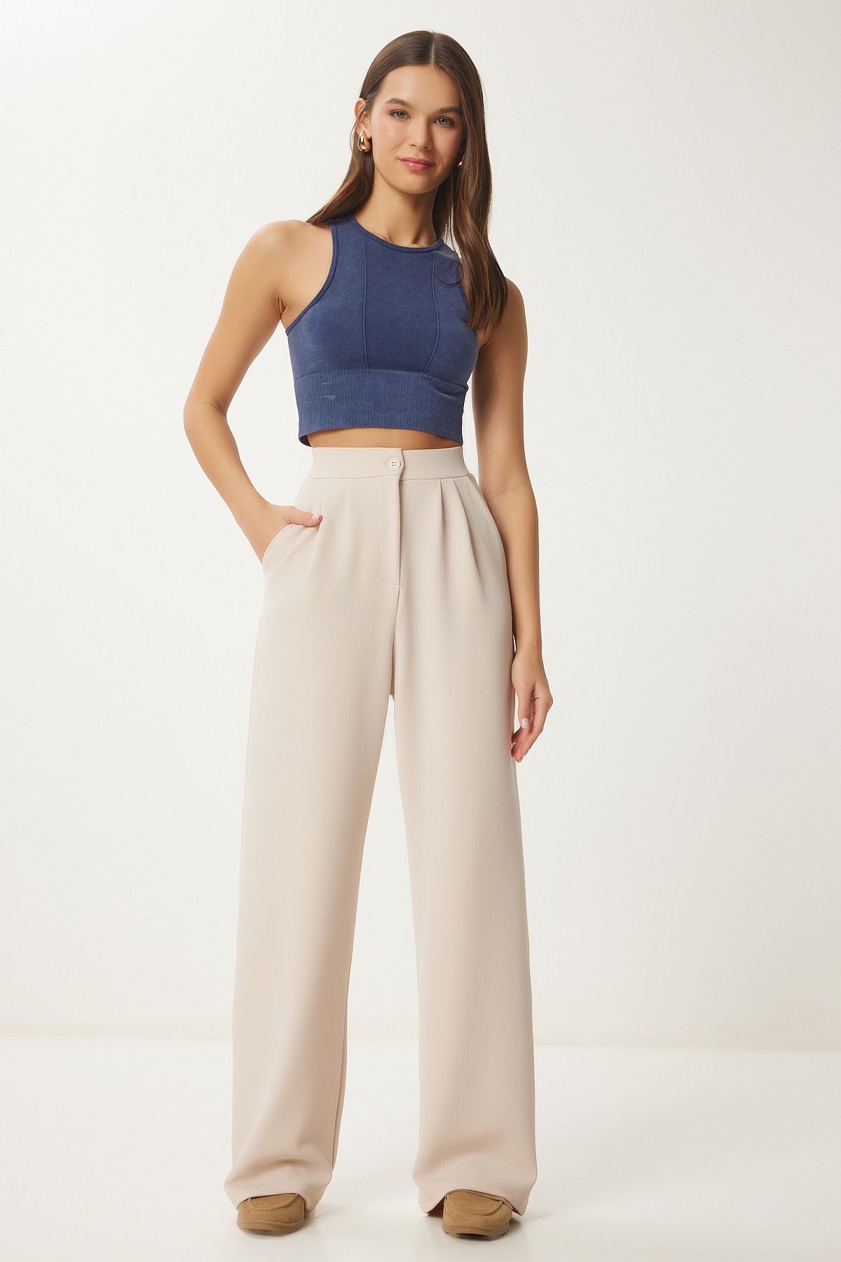 Women's Cream Lycled Comfortable Palazzo Knitting Pants RV00175
