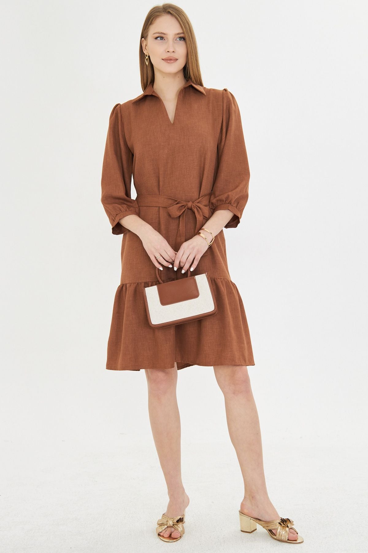 Female Taba Shirt Neck Quarter Arm Waist Belled Skirt Shirred Dress ARM-25Y001010