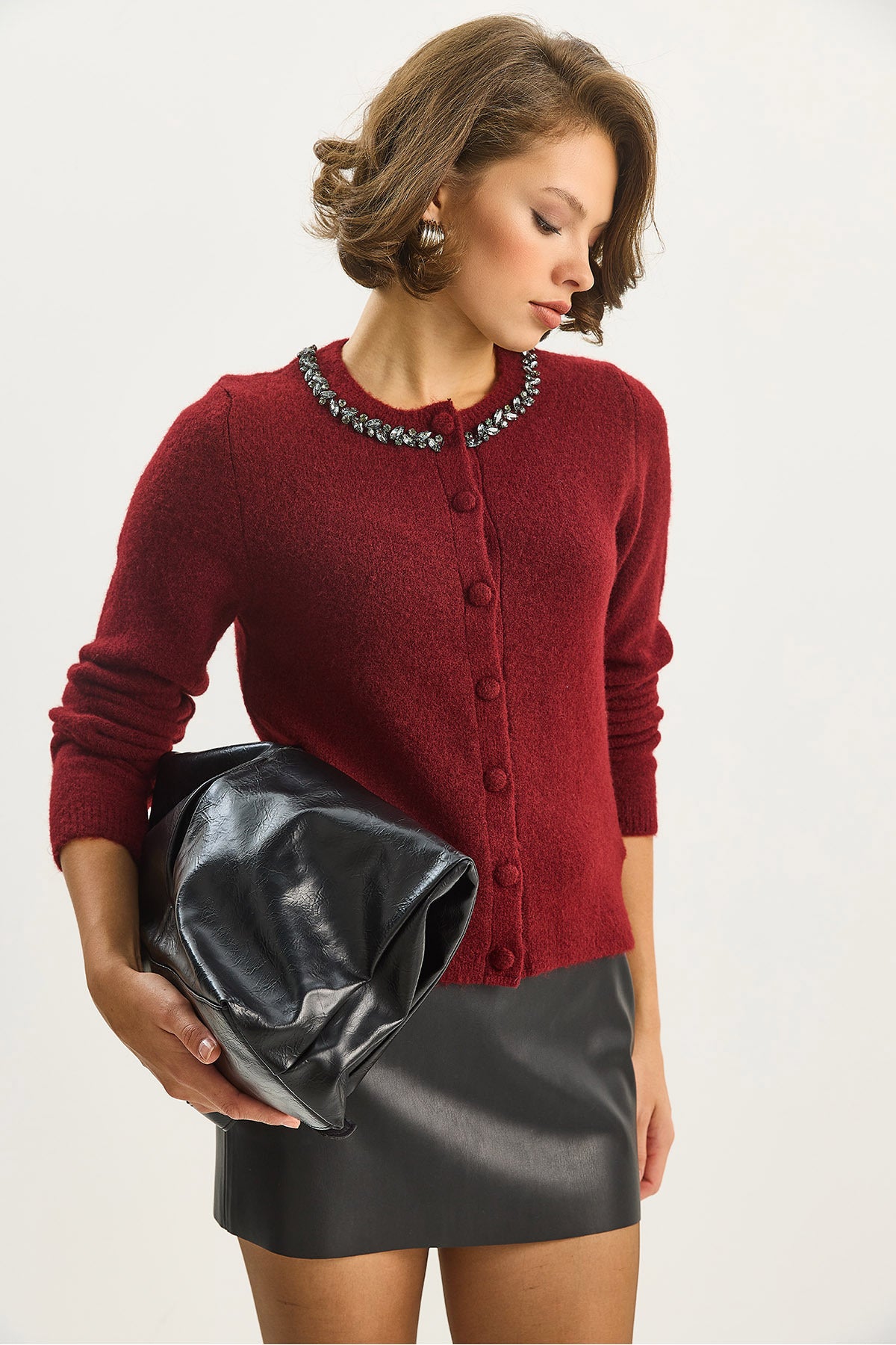 Women's Crew Neck Elegant Stone Embroidered Buttoned Knitwear Cardigan 4890 60283584