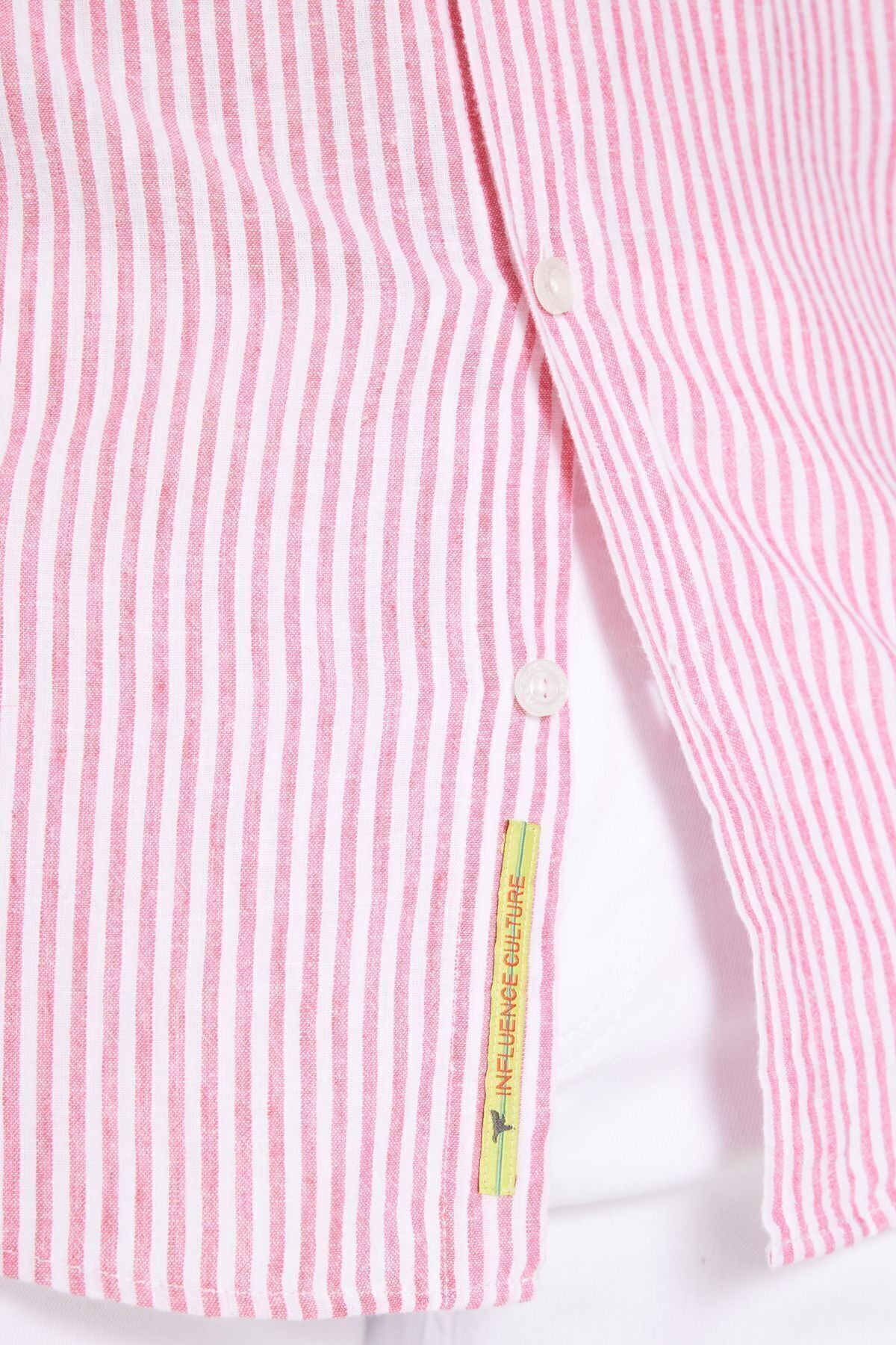 Male Coral-White Linen Comfort Fit Casual Cut Classic Collar Striped Shirt