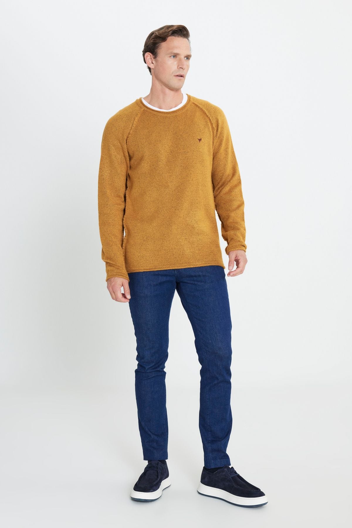 Men's mustard standard fit normal cut normal bike collar chart soft textured knitwear sweater