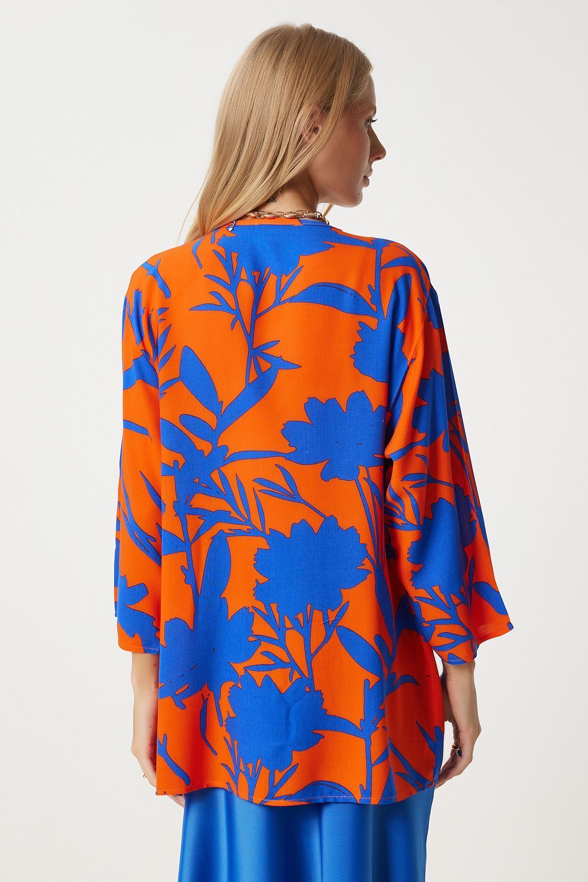 Female Blue Orange Patterned Viscose Kimono EN00615