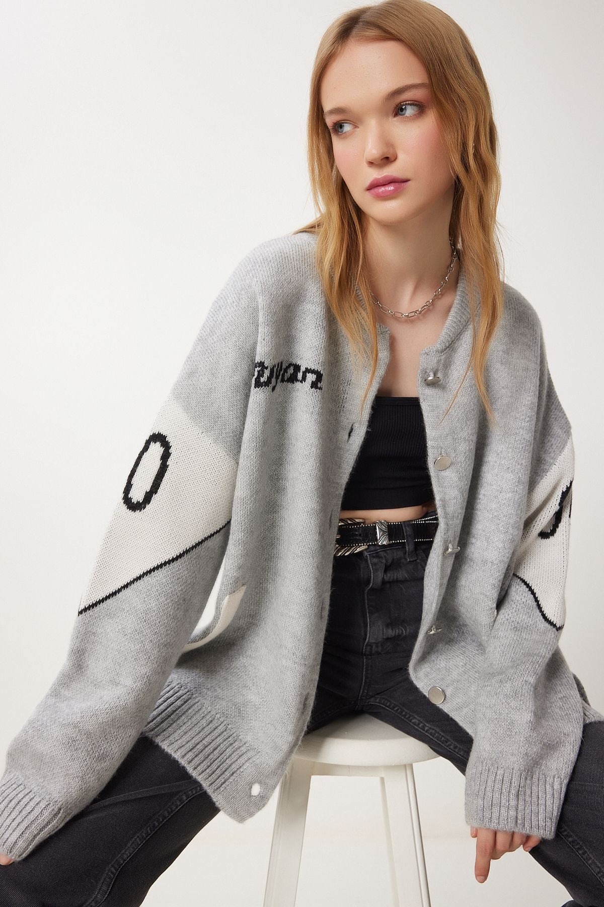 Women's Gray slogan knitwear jacket cardigan DP00218