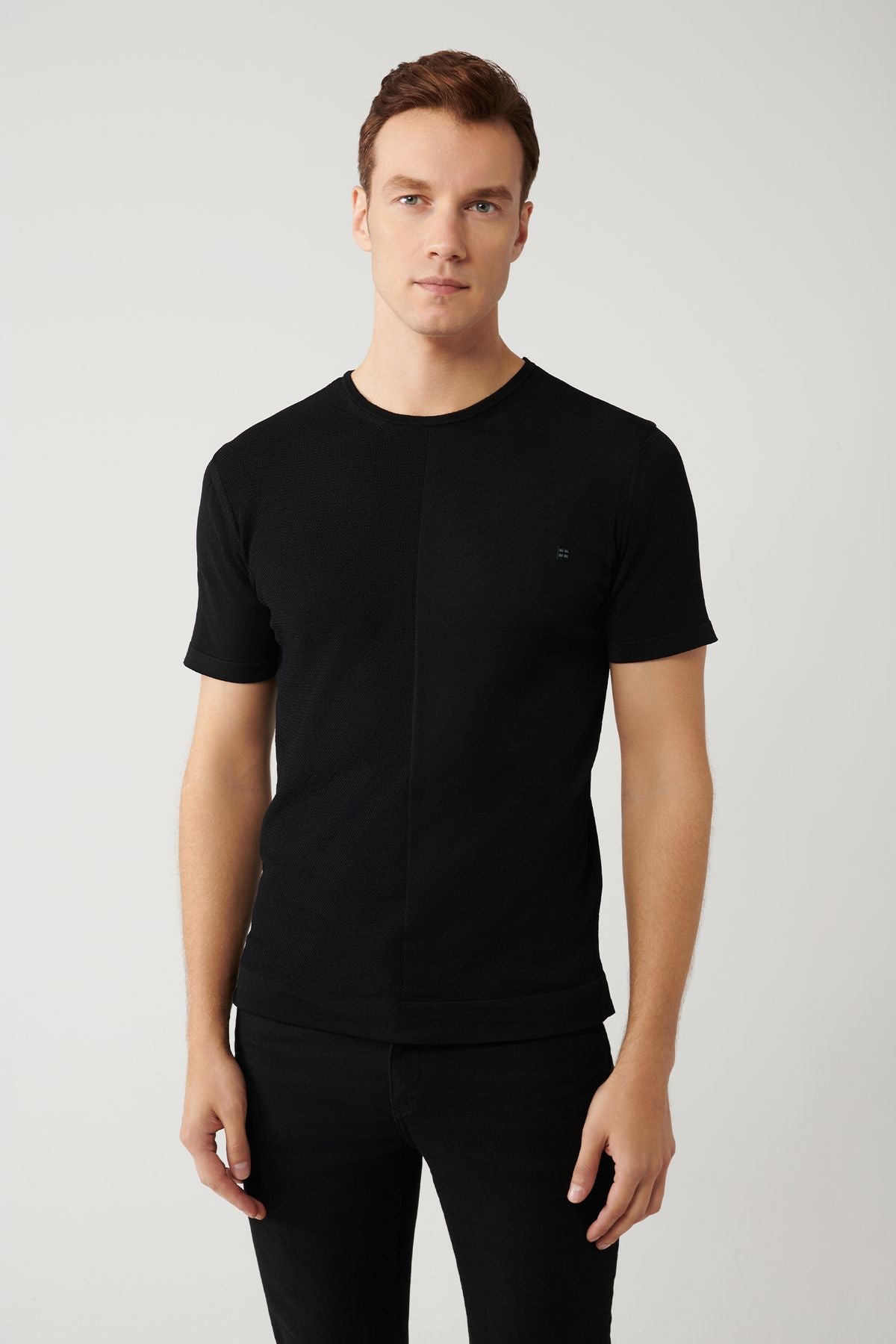 Men's black bike collar rayon textured knitwear T-shirt A41y5099