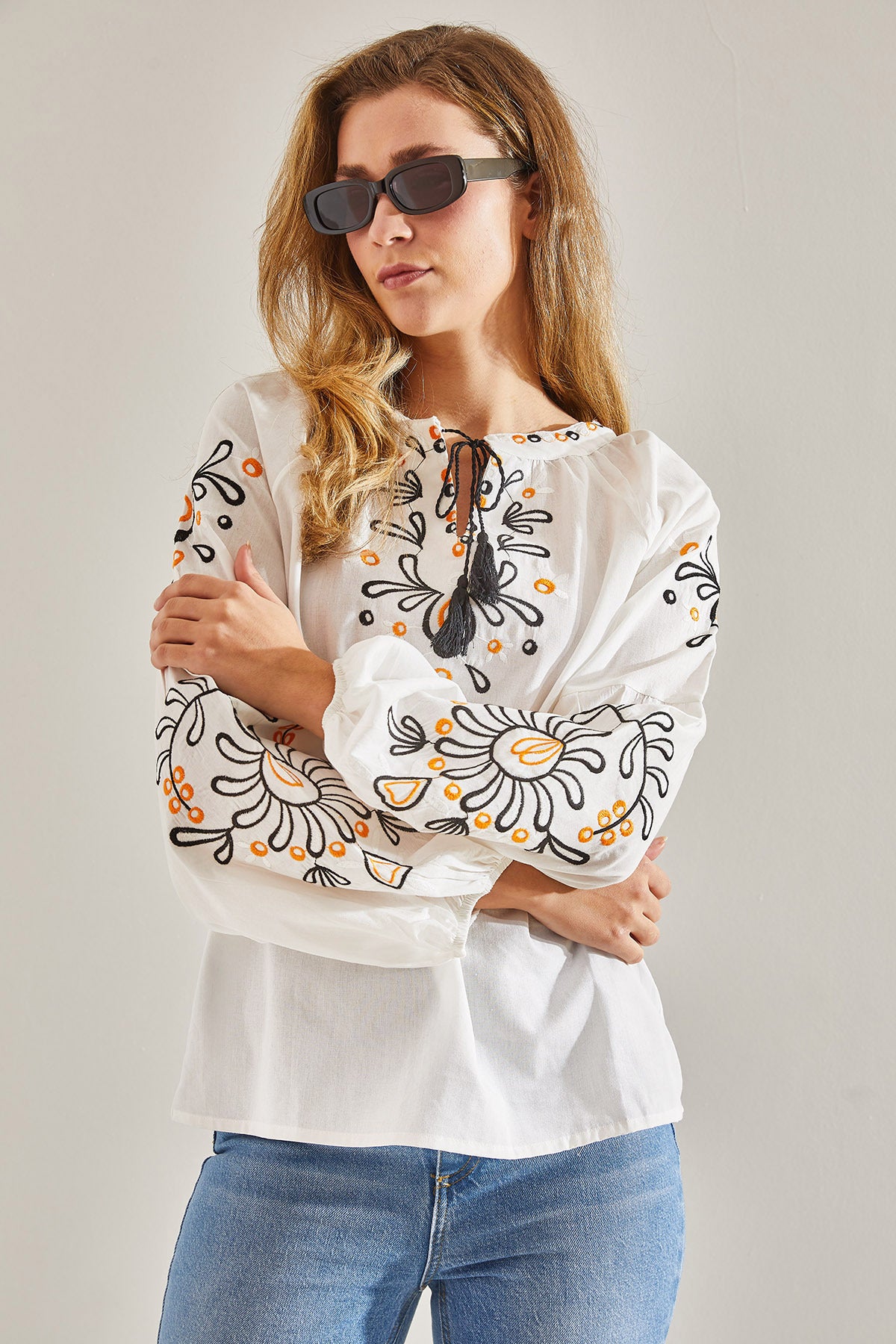 Modest Women's Embroidered Collar Tied Linen Blouse 60181044