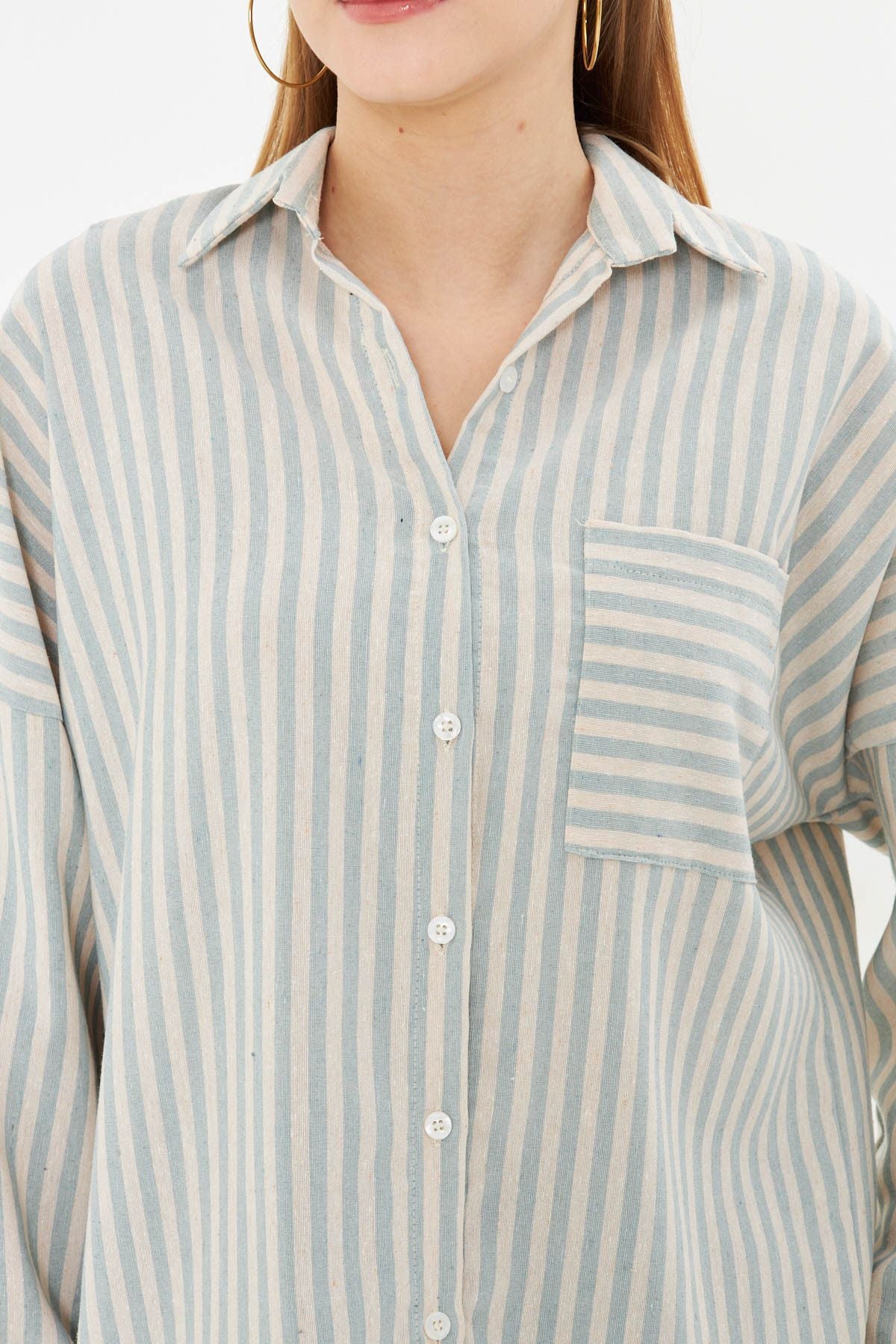 Female Mint Striped Long Sleeve Pocket Detail Pleeled Pleeled Shirt ARM-24Y001057