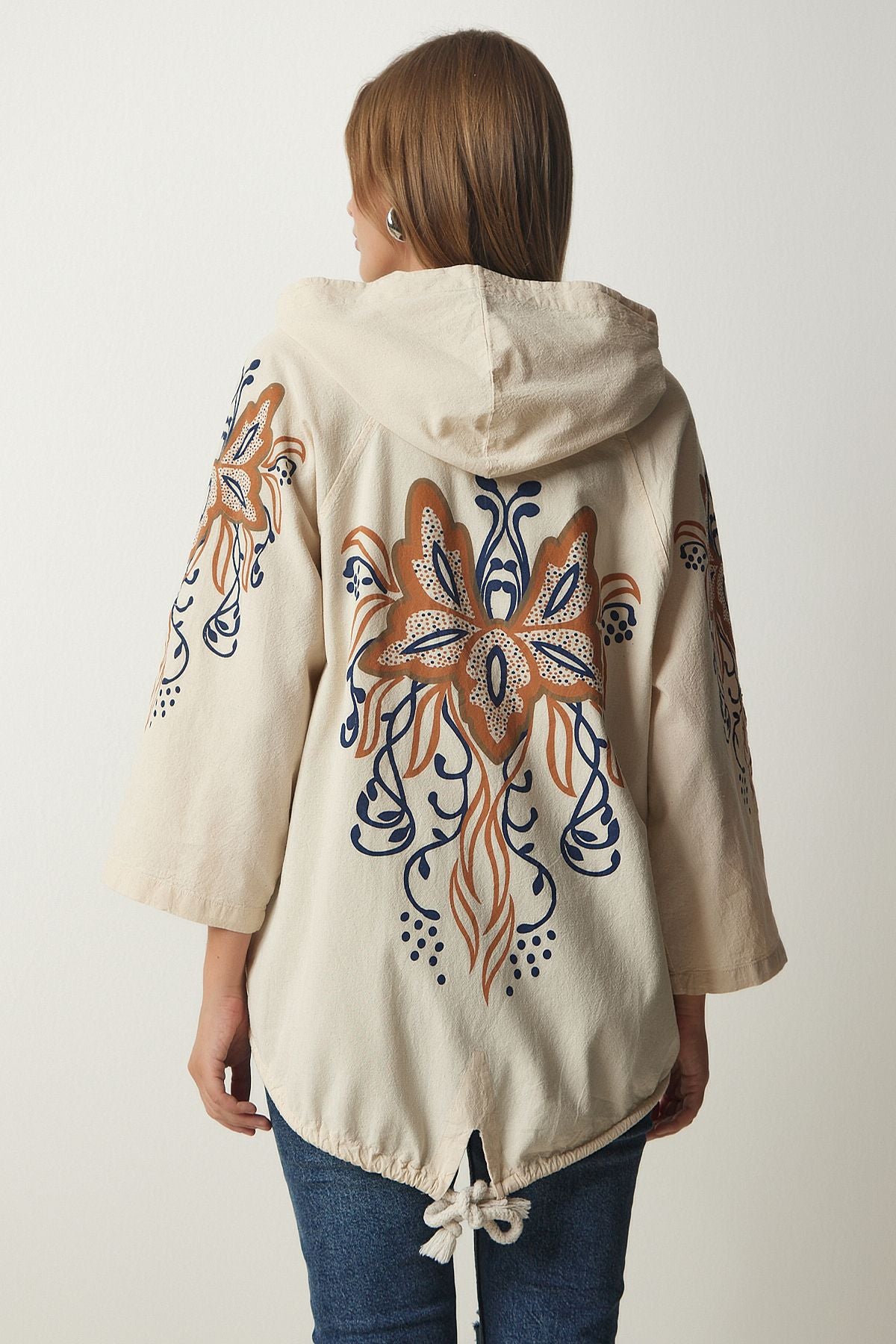 Women's cream brown printed hooded raw linen jacket sa00014