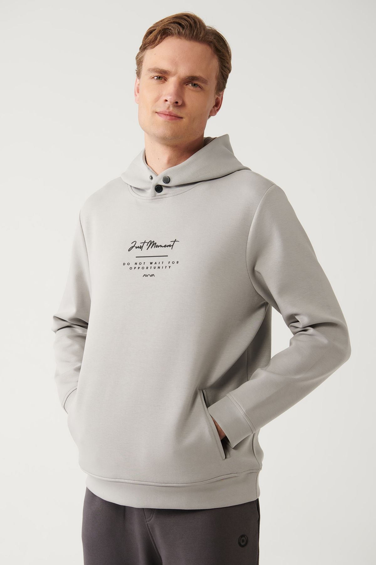 Erkek Gri Interlok Kumaş Kapüşonlu Baskılı Sweatshirt A32y1235