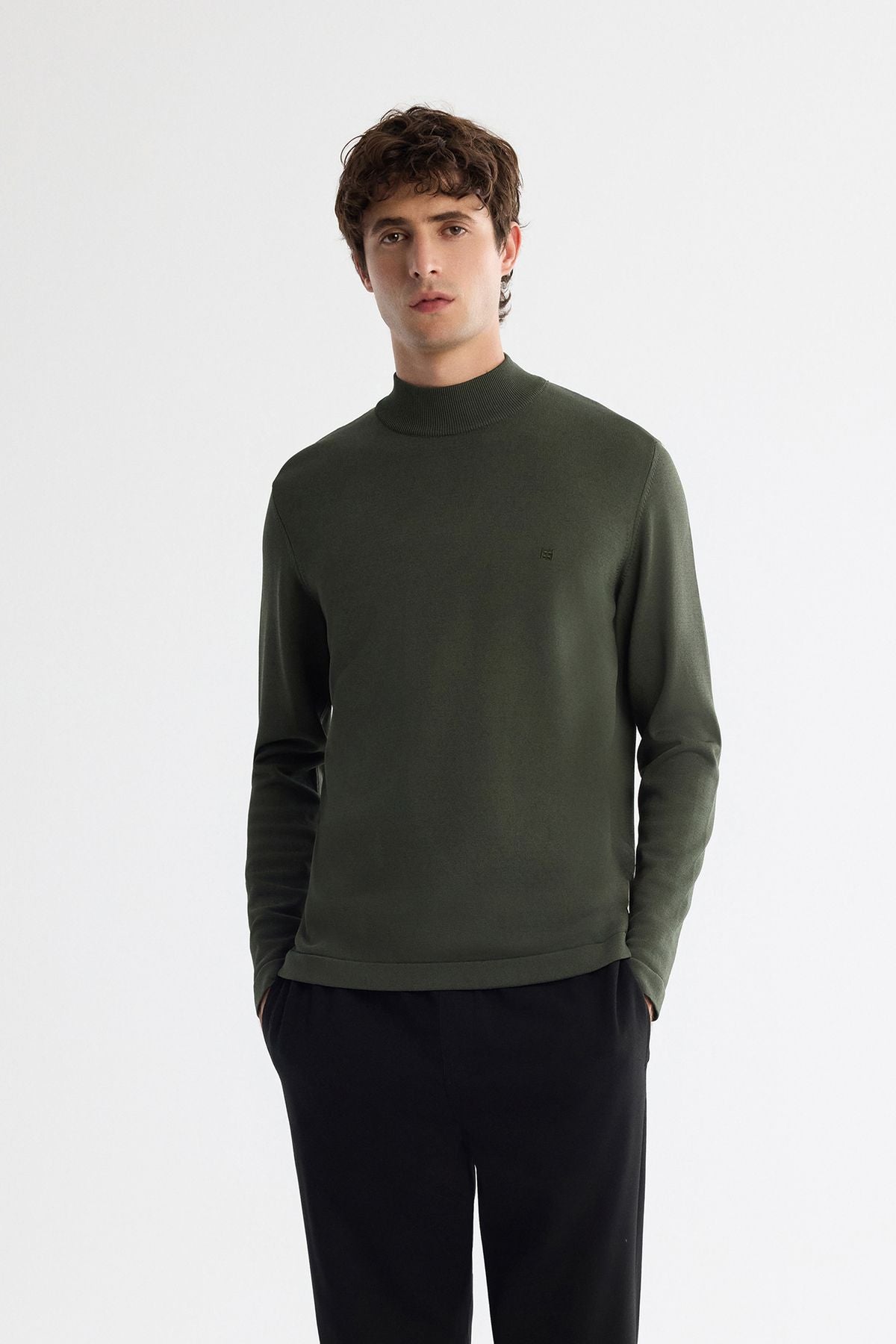 Male Khaki Half Fisherman Neck Rayon Triko Sweater A42y5100