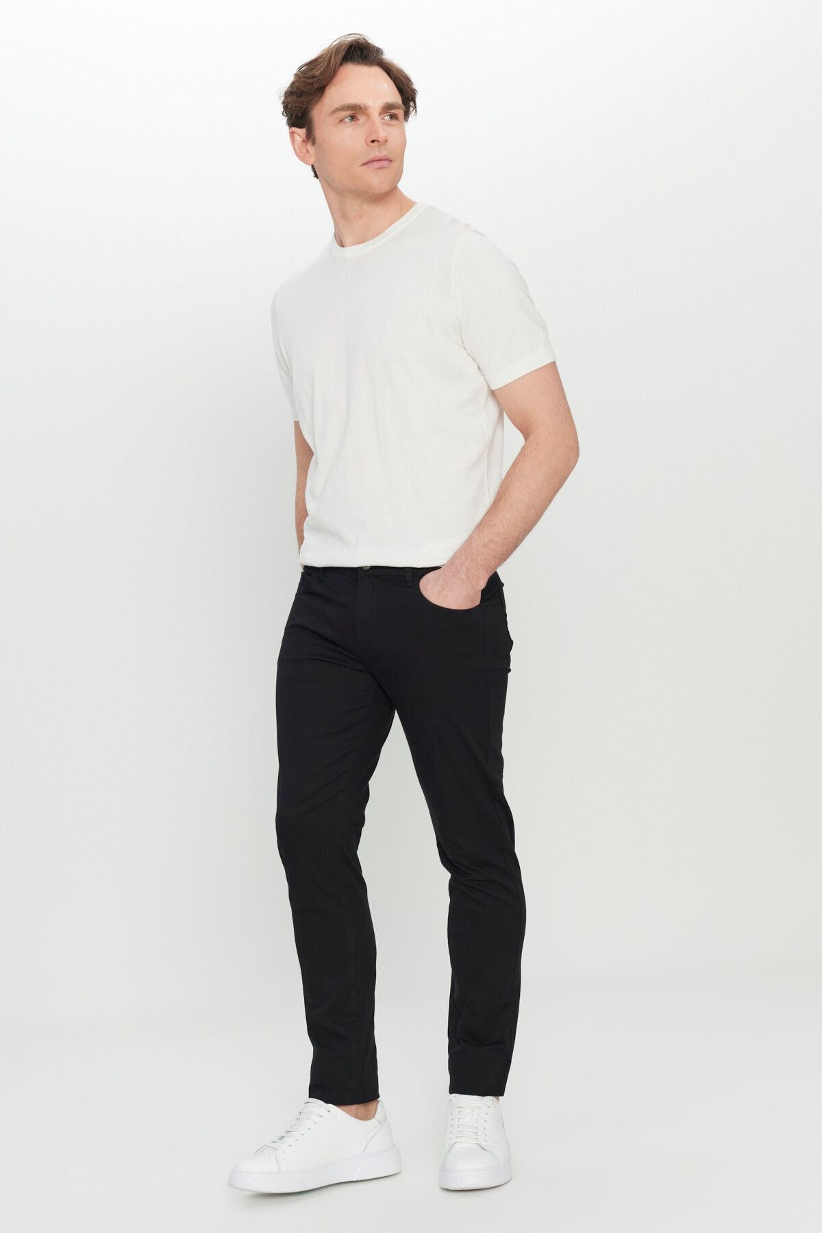 Men's black cotton slim fit narrow cut 5 pocket flexible casual pants