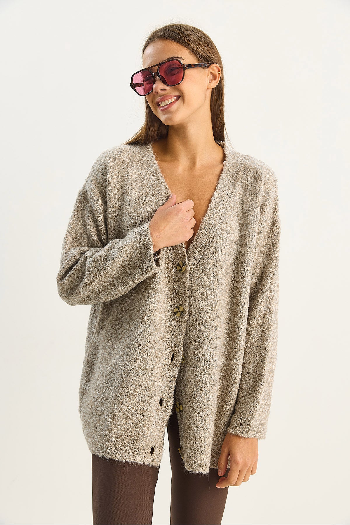 Women's V-Neck Oversize Boucle Carmen Knitwear Cardigan 2433 60283679