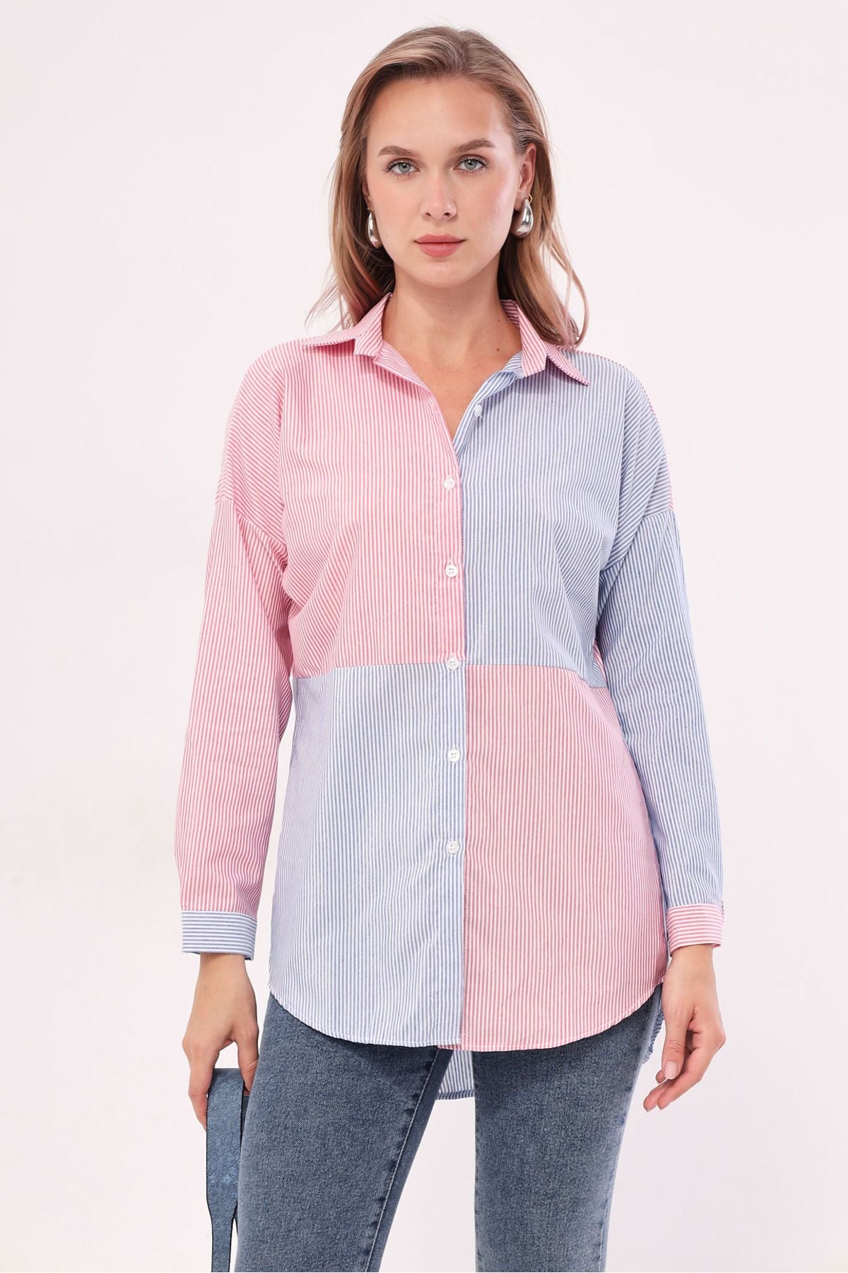 Women's Blue striped two-color long sleeve shabby shirt ARM-21K001193