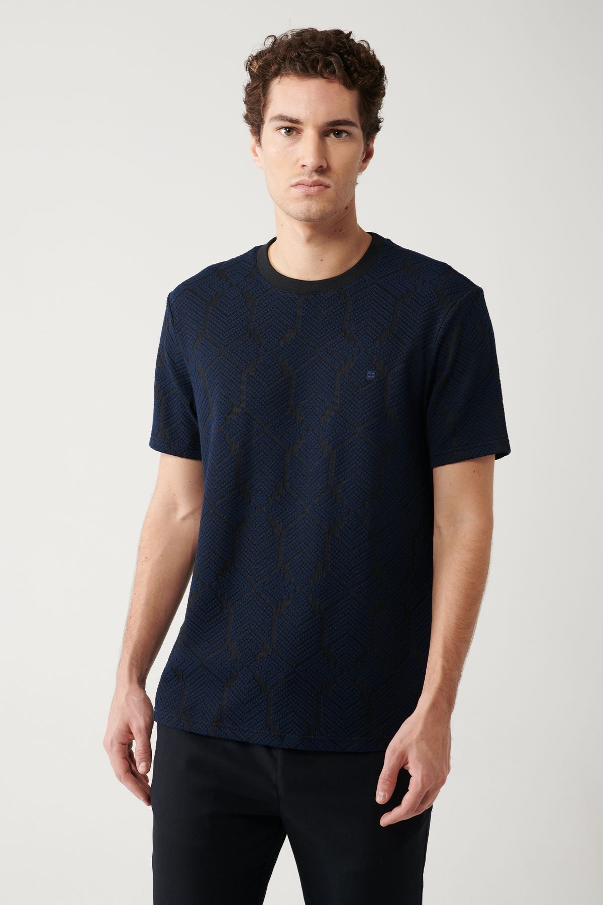 Men's navy blue bike collar jacarous t-shirt a32y1180