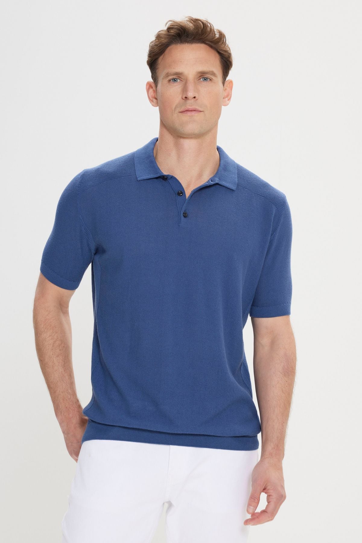 Men's Indigo Standard Fit Normal Cutting 100 %Cotton Jacquari Polo Yaka Triko T -shirt