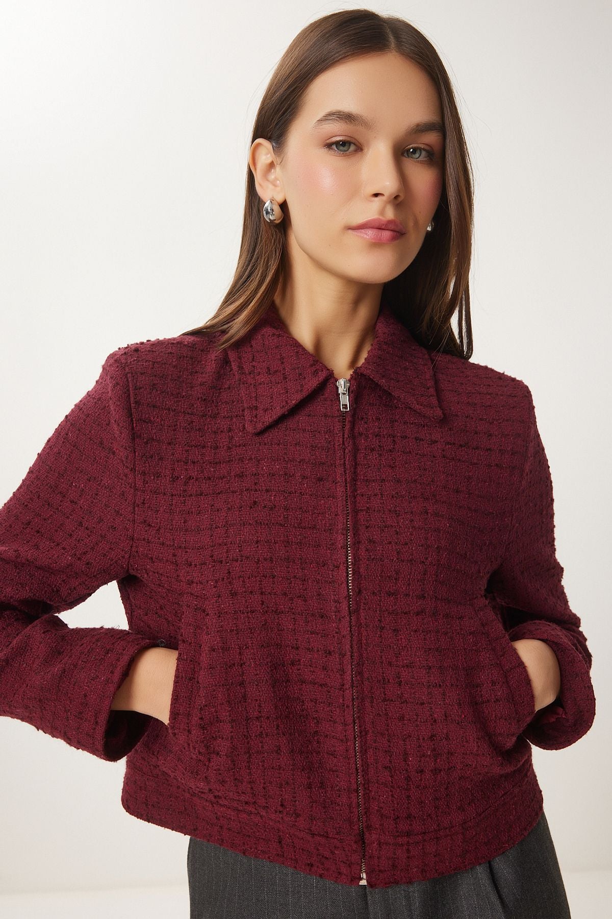 Female Bordeaux Zippered Shirt -collar Tüvit Jacket WF00069