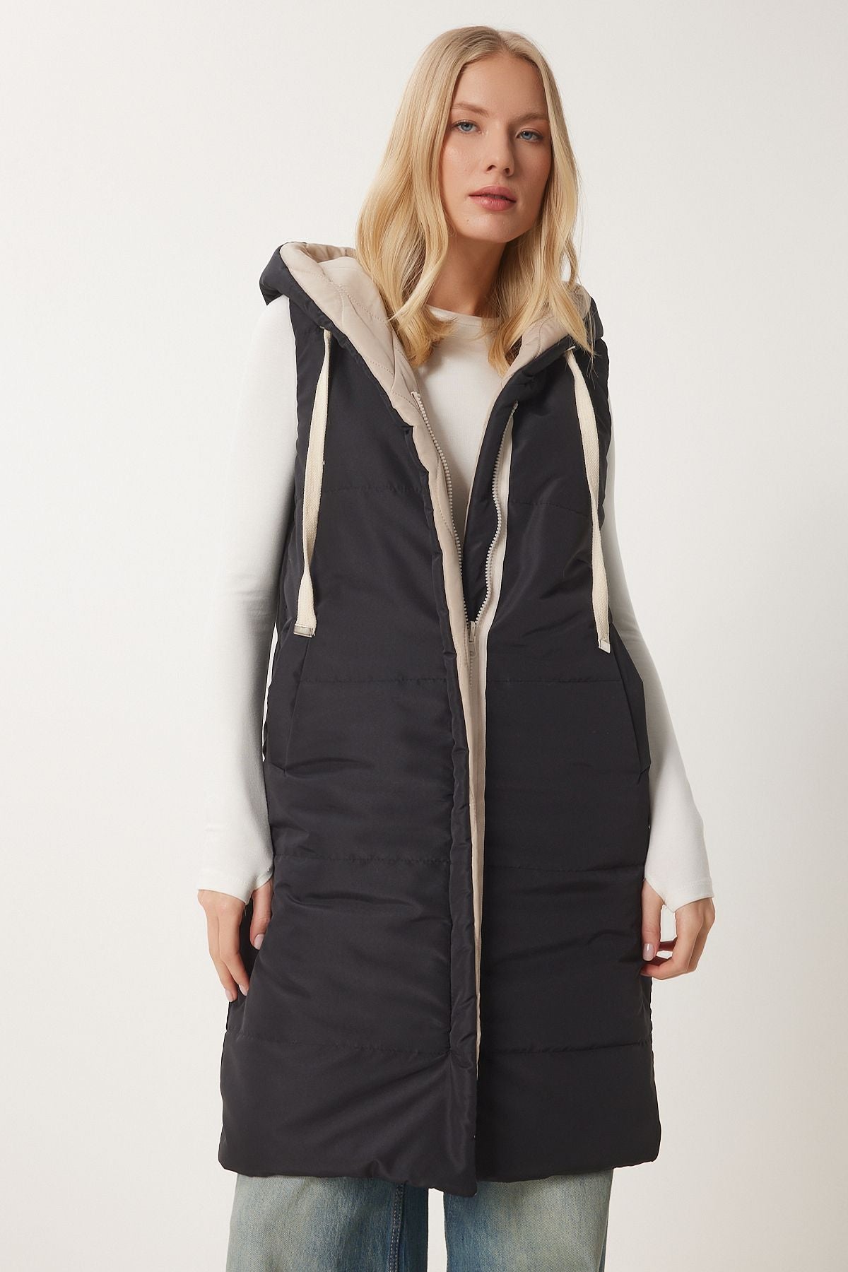Female black beige hooded double -sided swelling vest NT00437