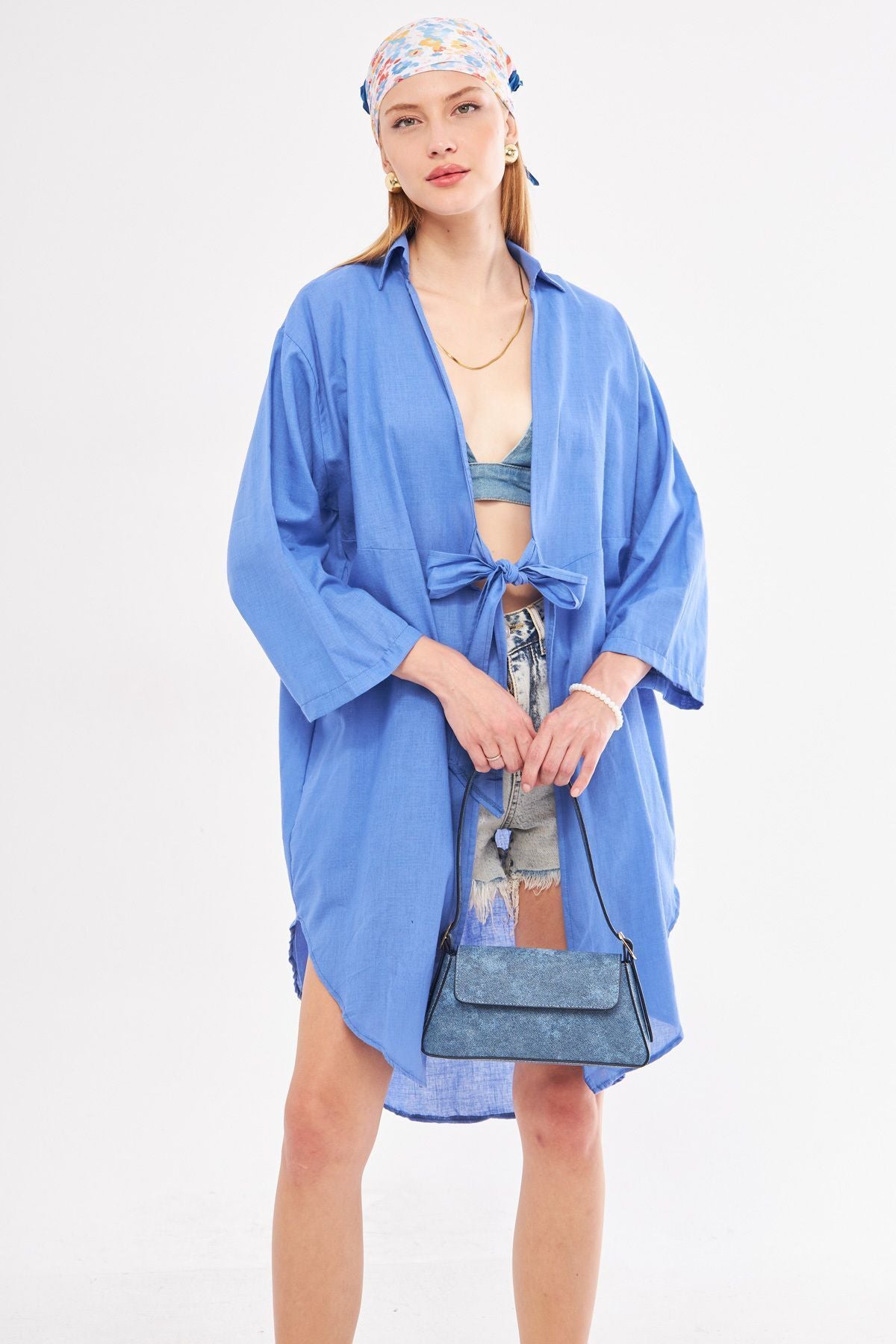 Female indigo front-binding thin linen fabric midi height kimono shirt ARM-24Y001081