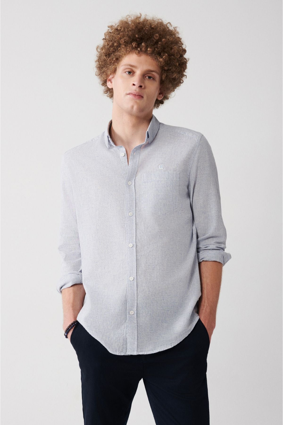 Men's blue cotton linen buttoned collar shirt A31Y2082