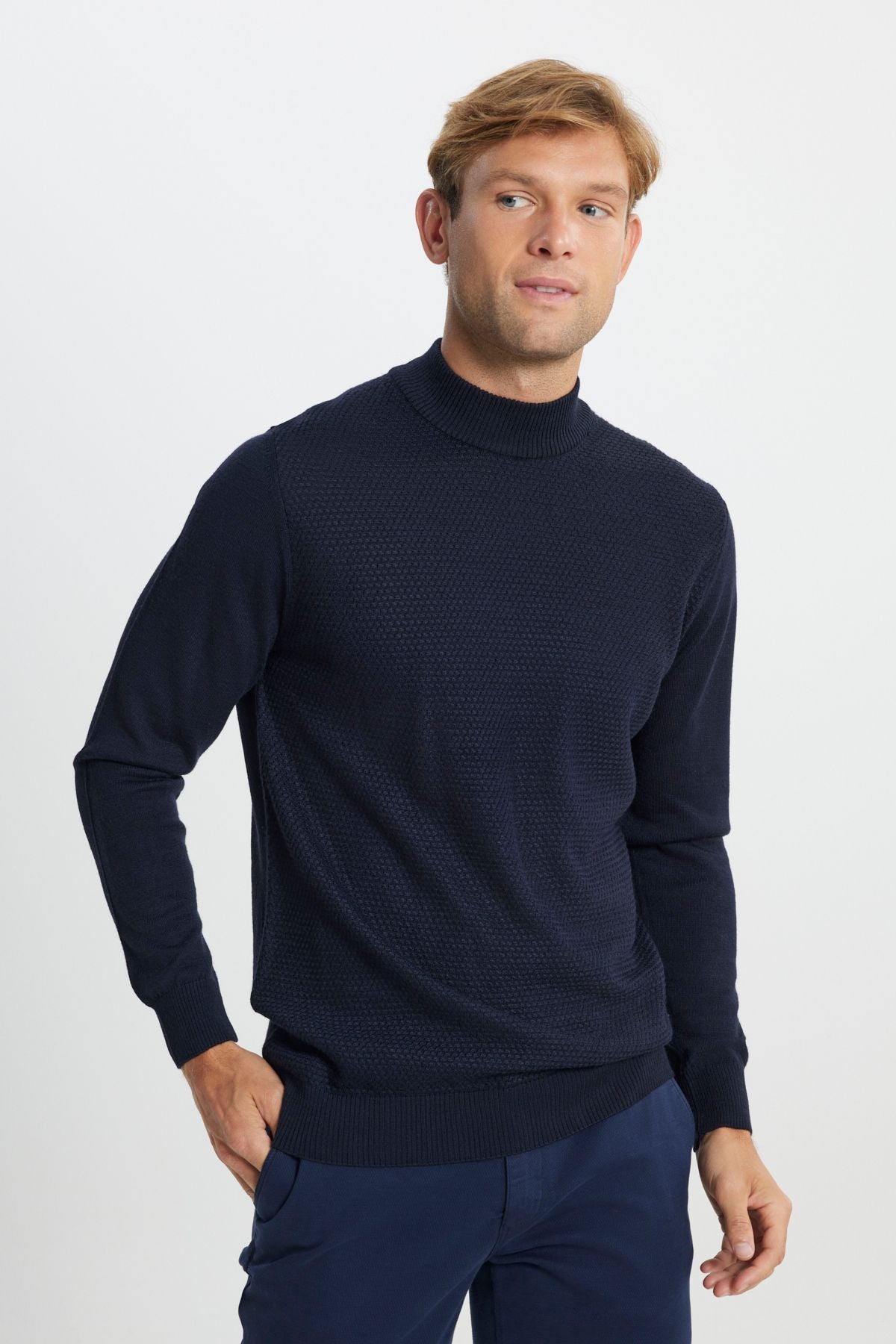 Men's navy blue woolen standard fit half fisherman collar honeycomb textured knitwear sweater