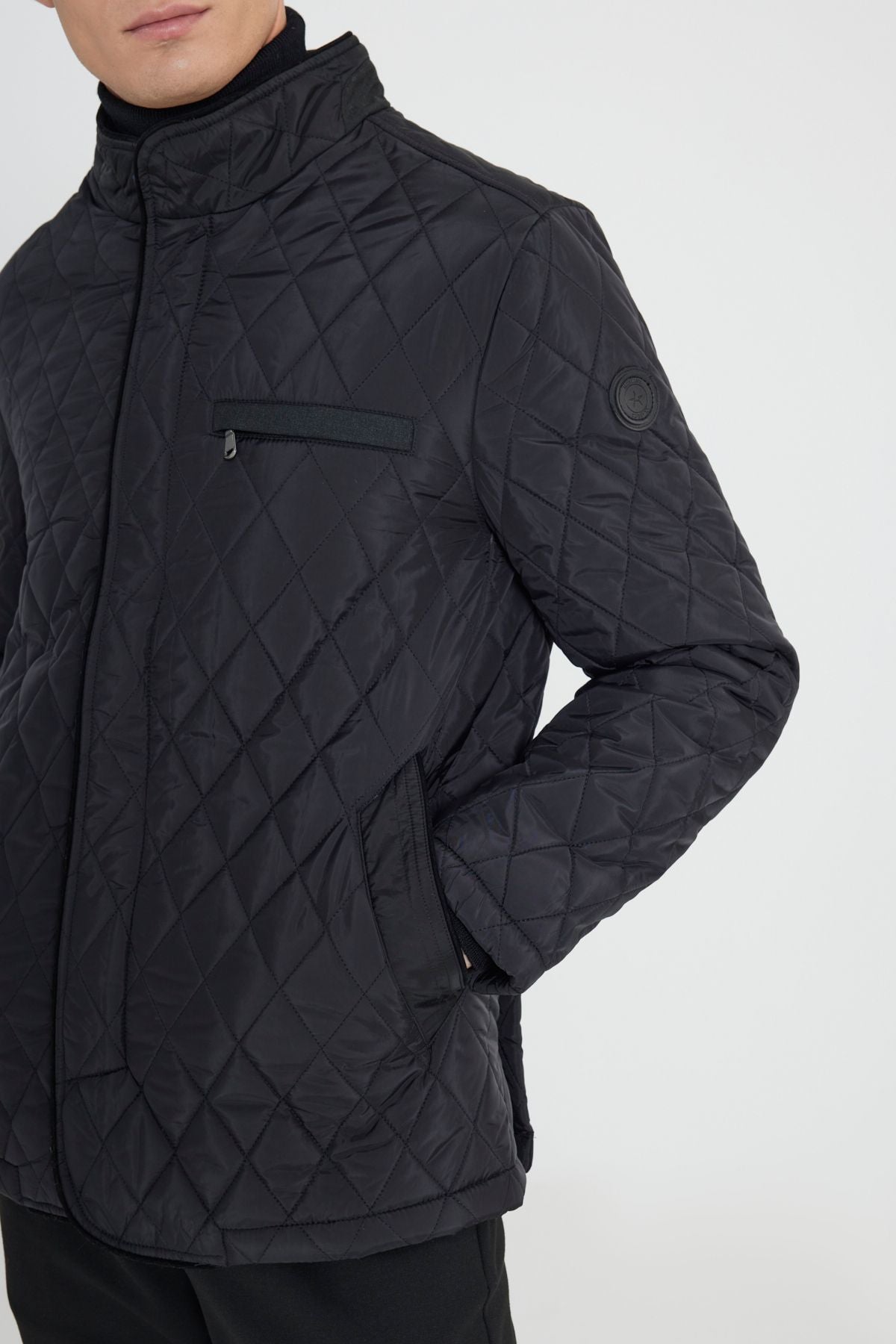 Men's black standard fit normal cut upright collar pattern overcoat