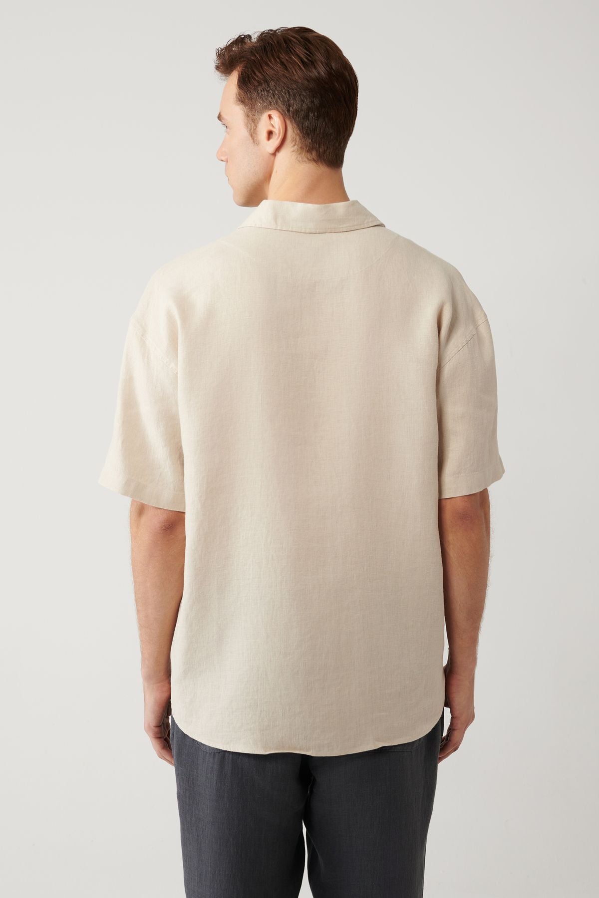 Men's Beige Apace Neck 100 %Linen Short Sleeve Shirt A41y2209