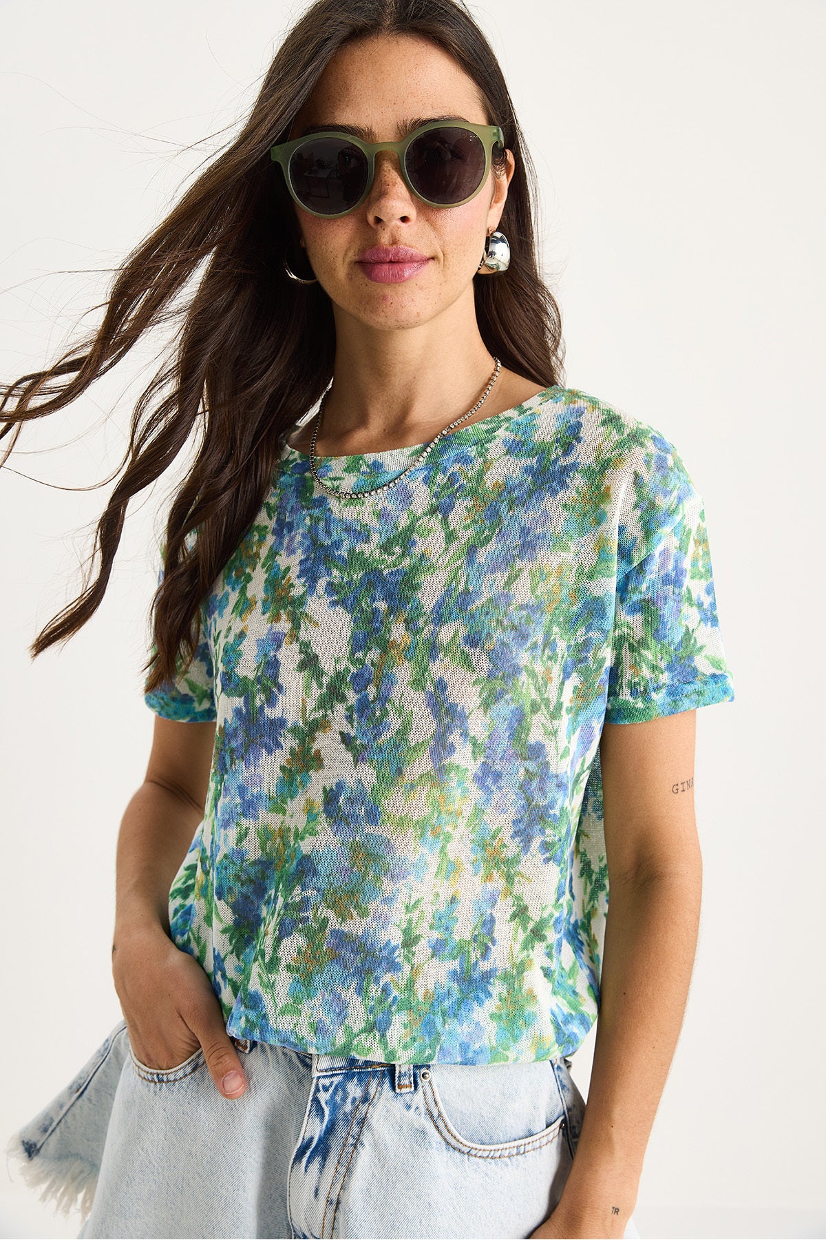 Women's Crew Neck Patterned Digital Printed Regular Summer Knitted T-Shirt 60282015