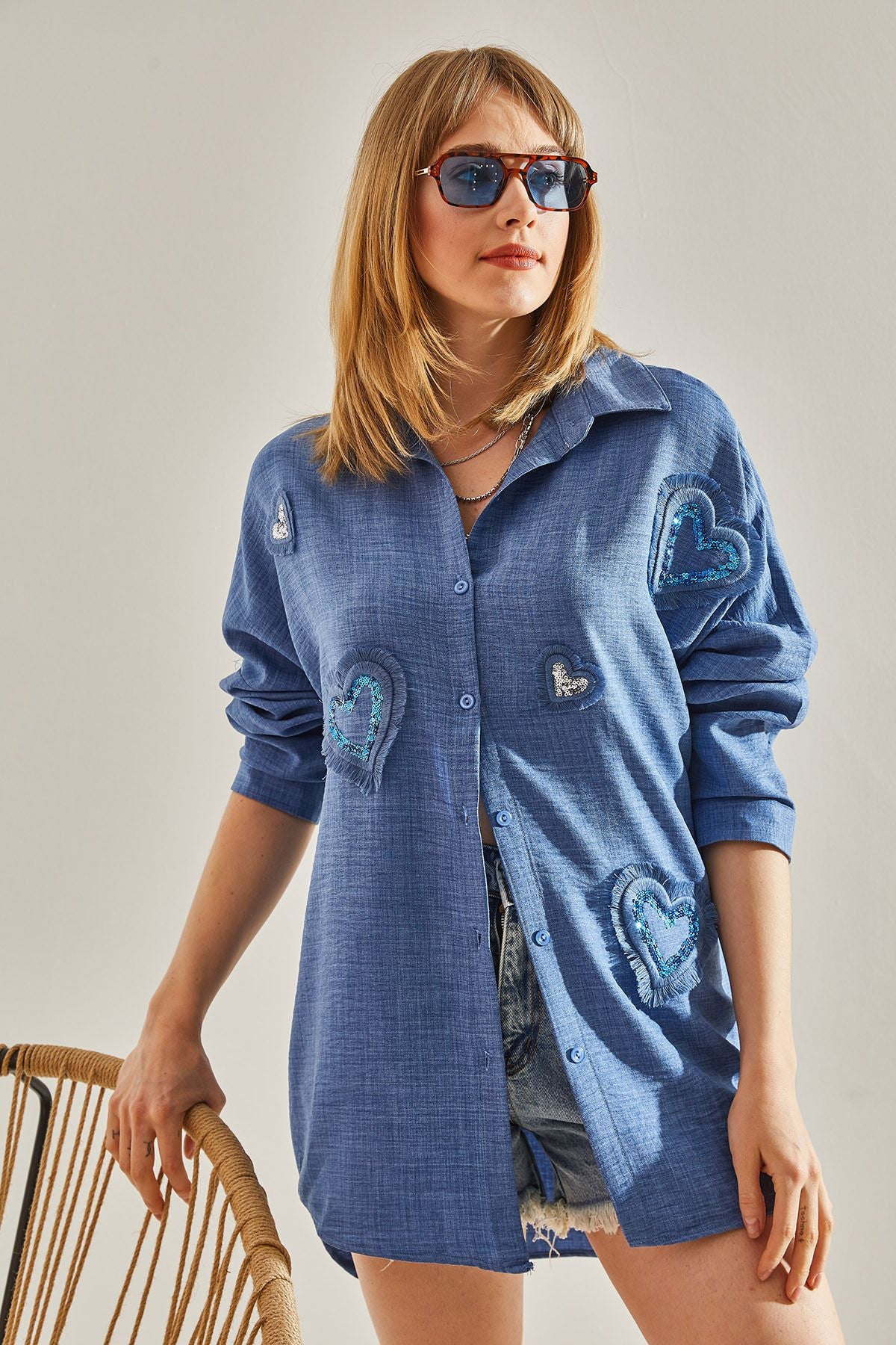 Woman Blue Linen Tassel Detailed Embroidery Heart Working Oversize Shirt 60251030