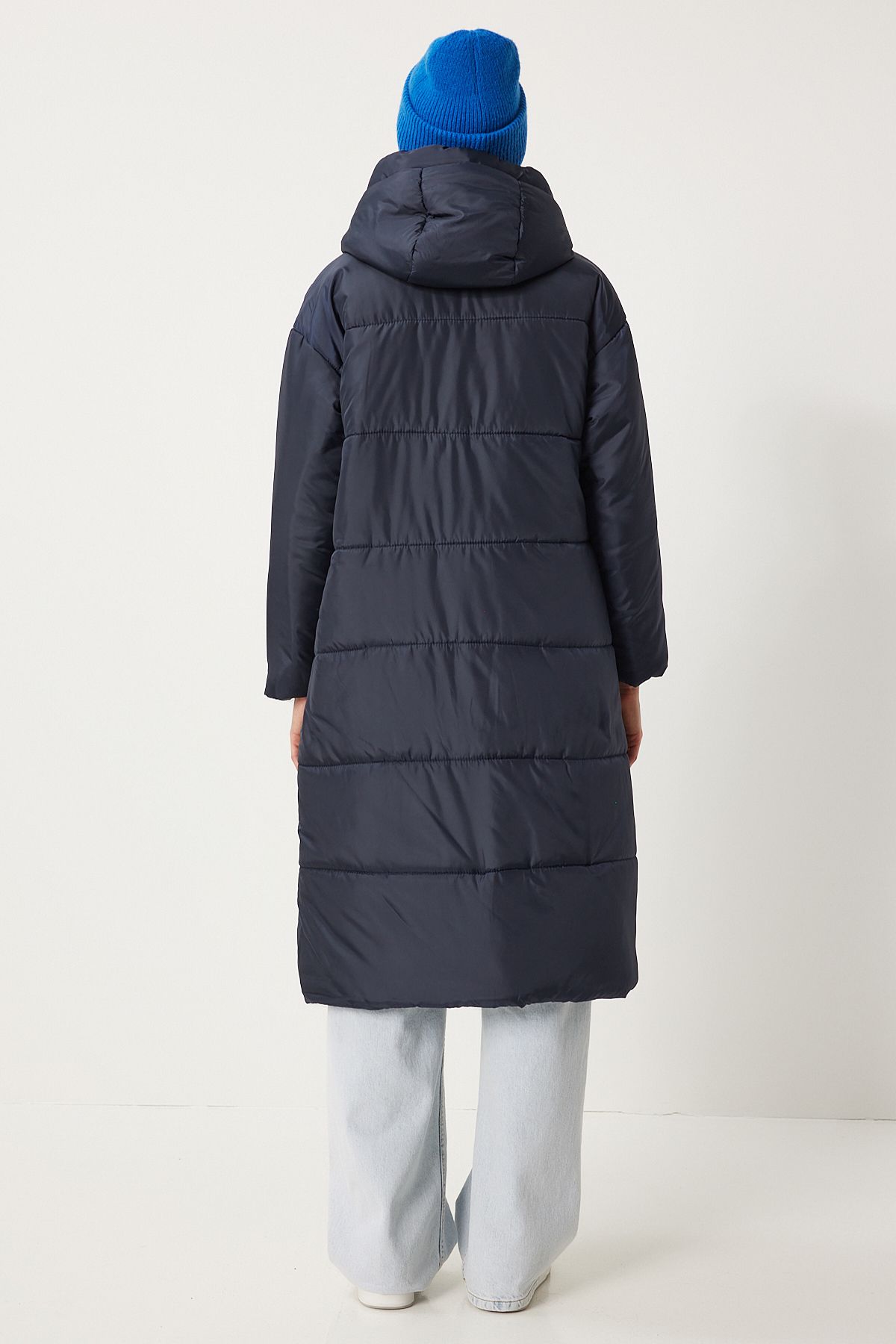 Women's Navy Blind Hooded Long Swelling Coat DD01006