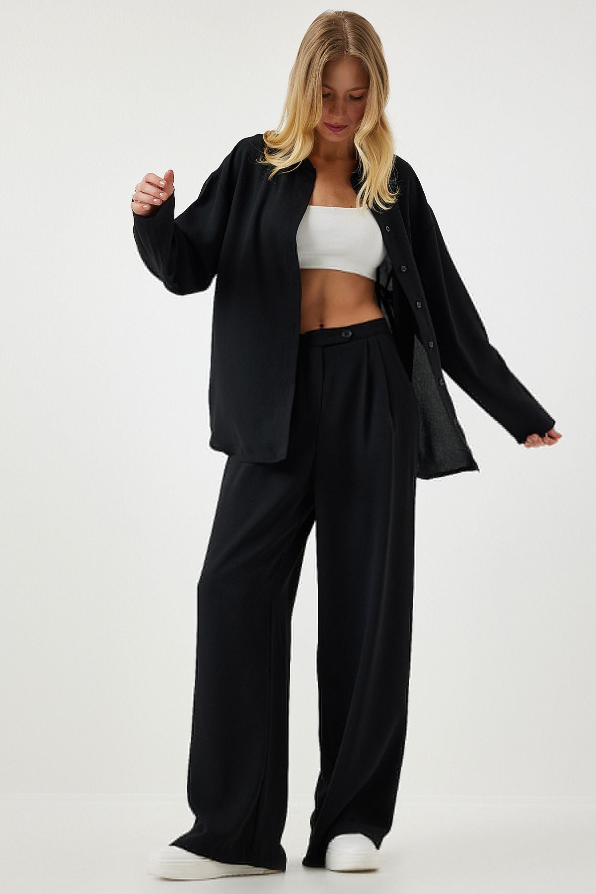 Female black seasonal weaving shirt palazzo pants set RV00174