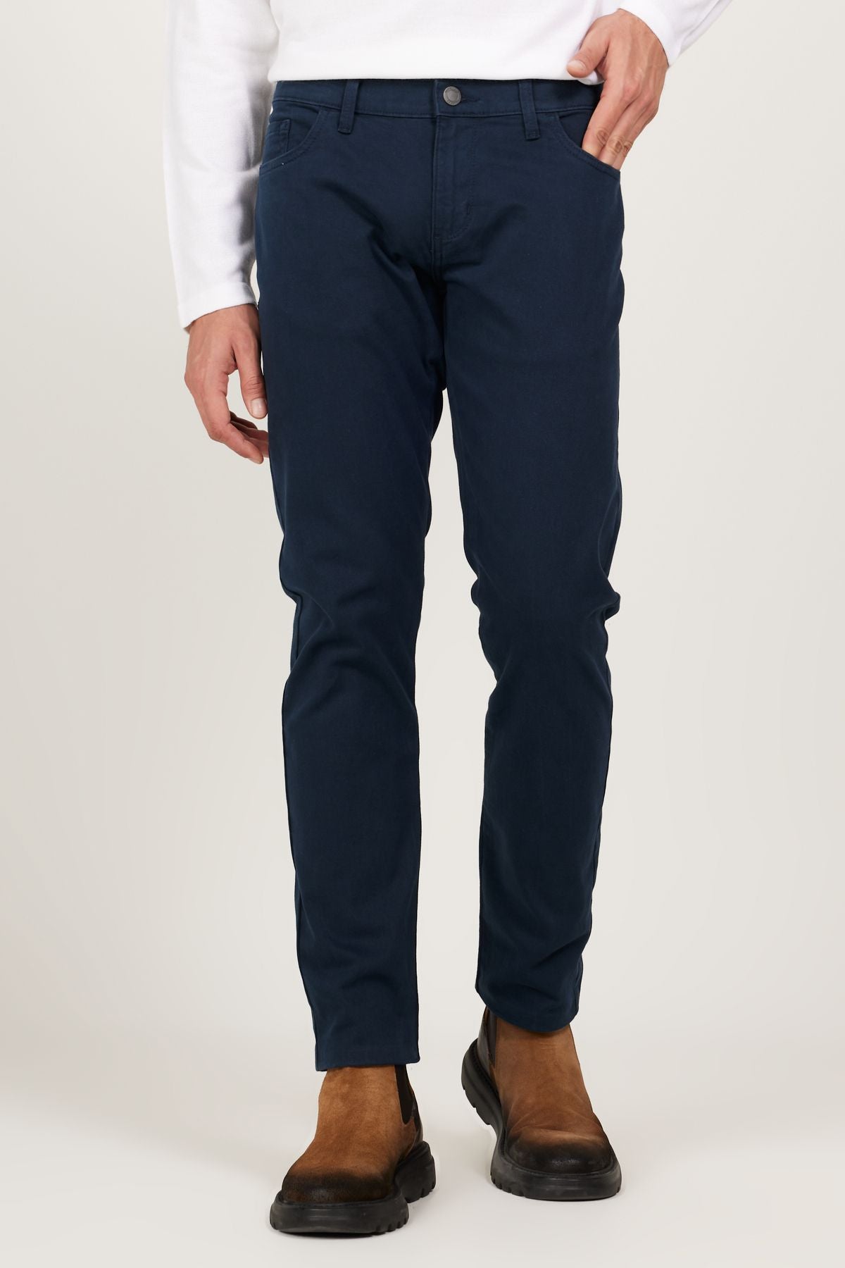 Men's navy blue slim fit narrow cut 5 pocket cotton flexible pants