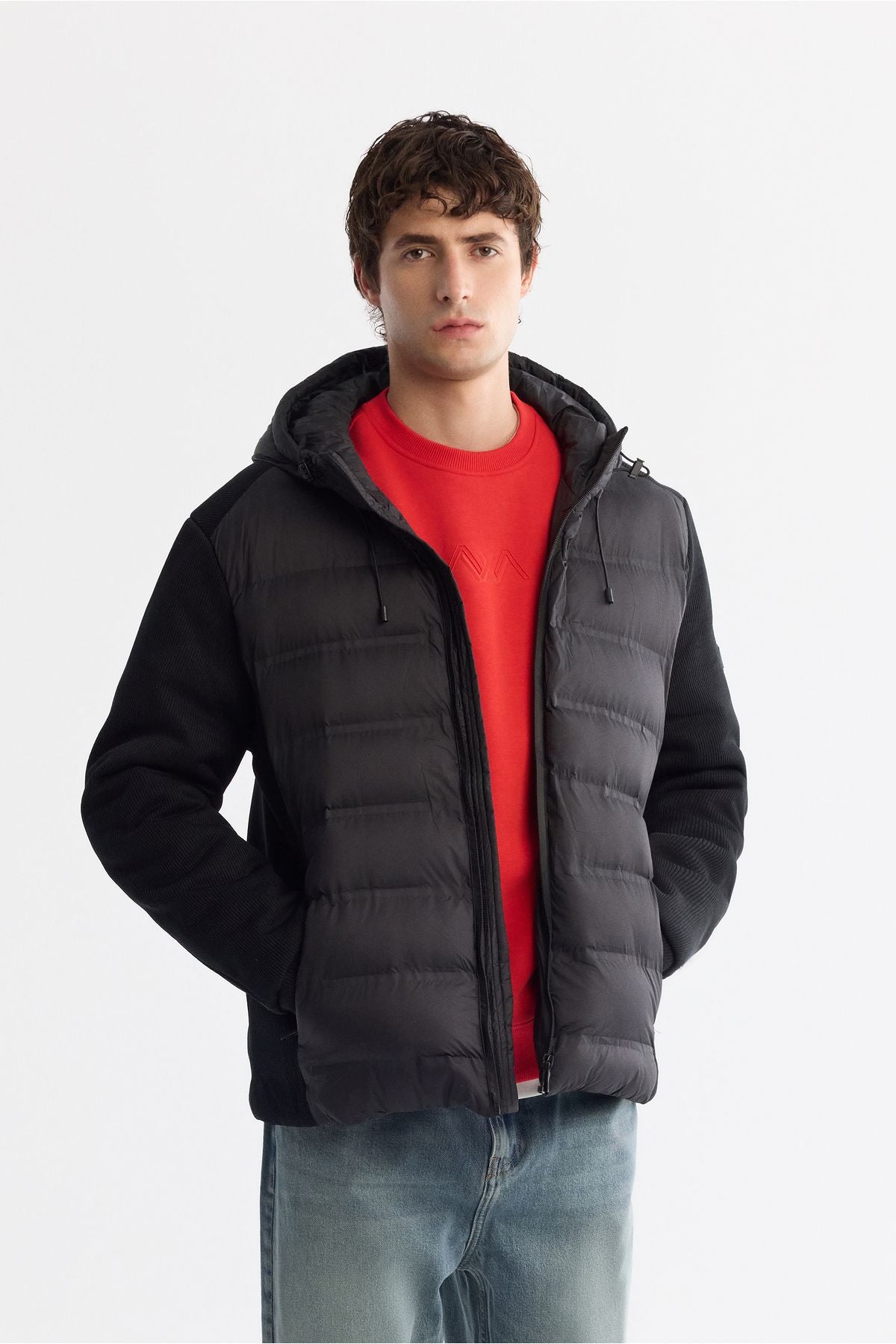Men's black hooded water repulsive windproof coat A42y6155