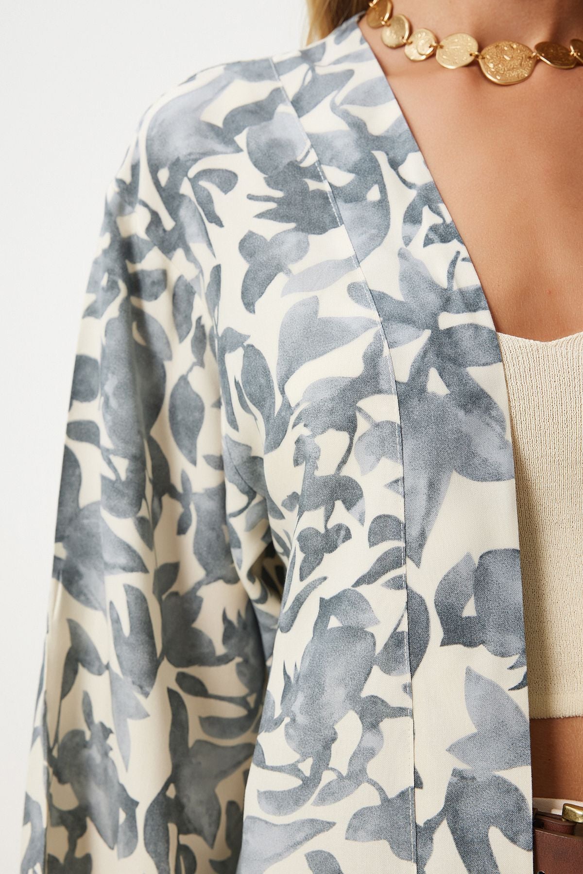 Female Gray Bone Patterned Viscose Kimono EN00615