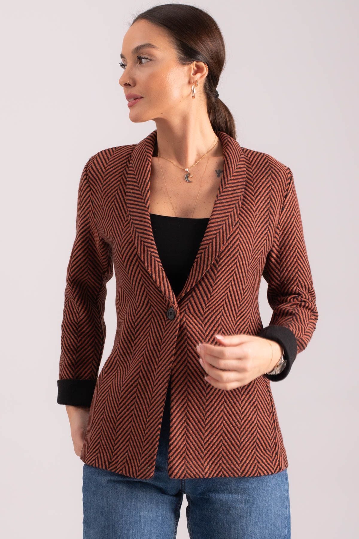 Women's Tile Fish Right Pattern Folding Single buttoned stamp jacket ARM-24K001066