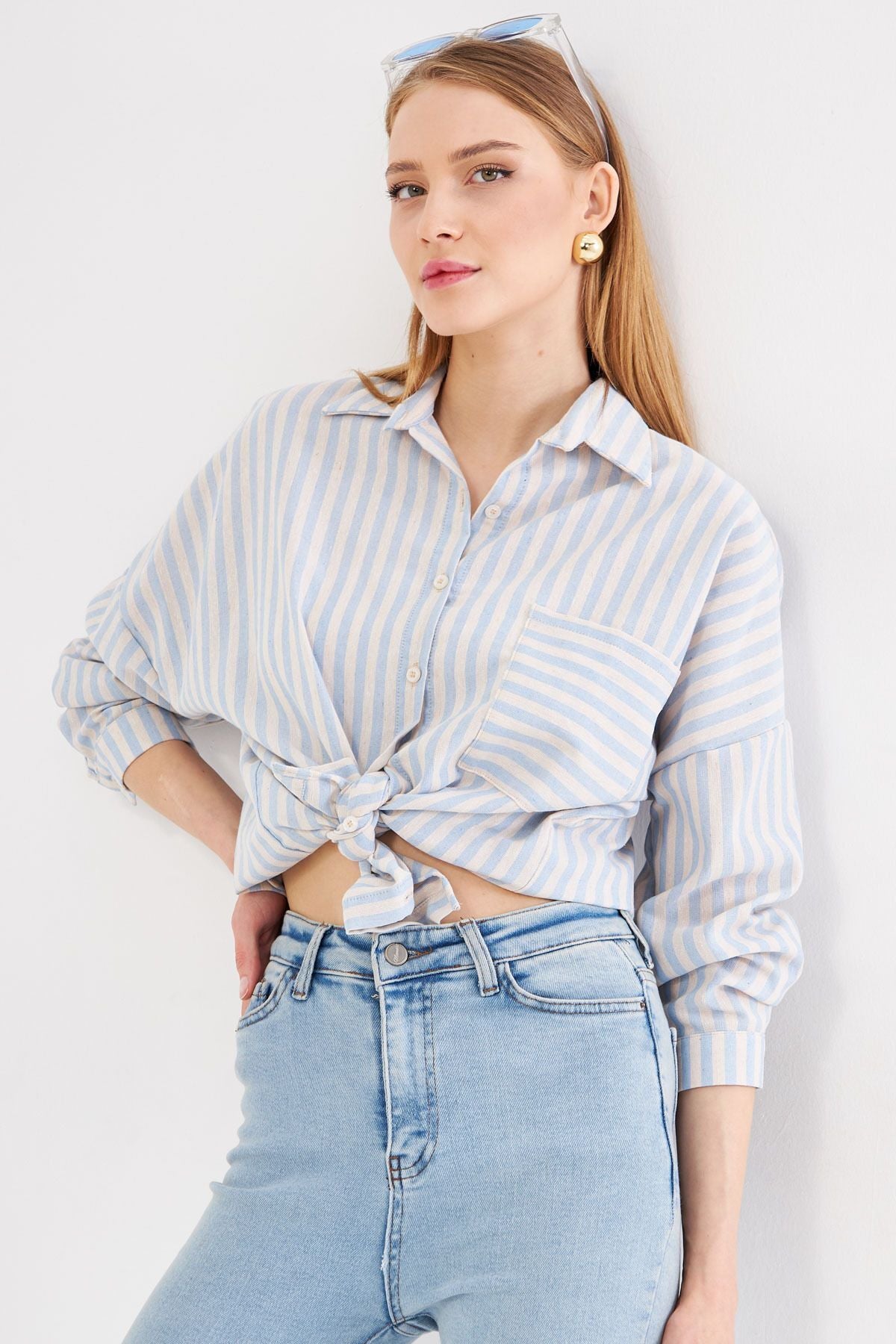 Woman Baby Blue Striped Long Sleeve Pocket Detailed Pleeled Oversize Shirt ARM-24Y001057