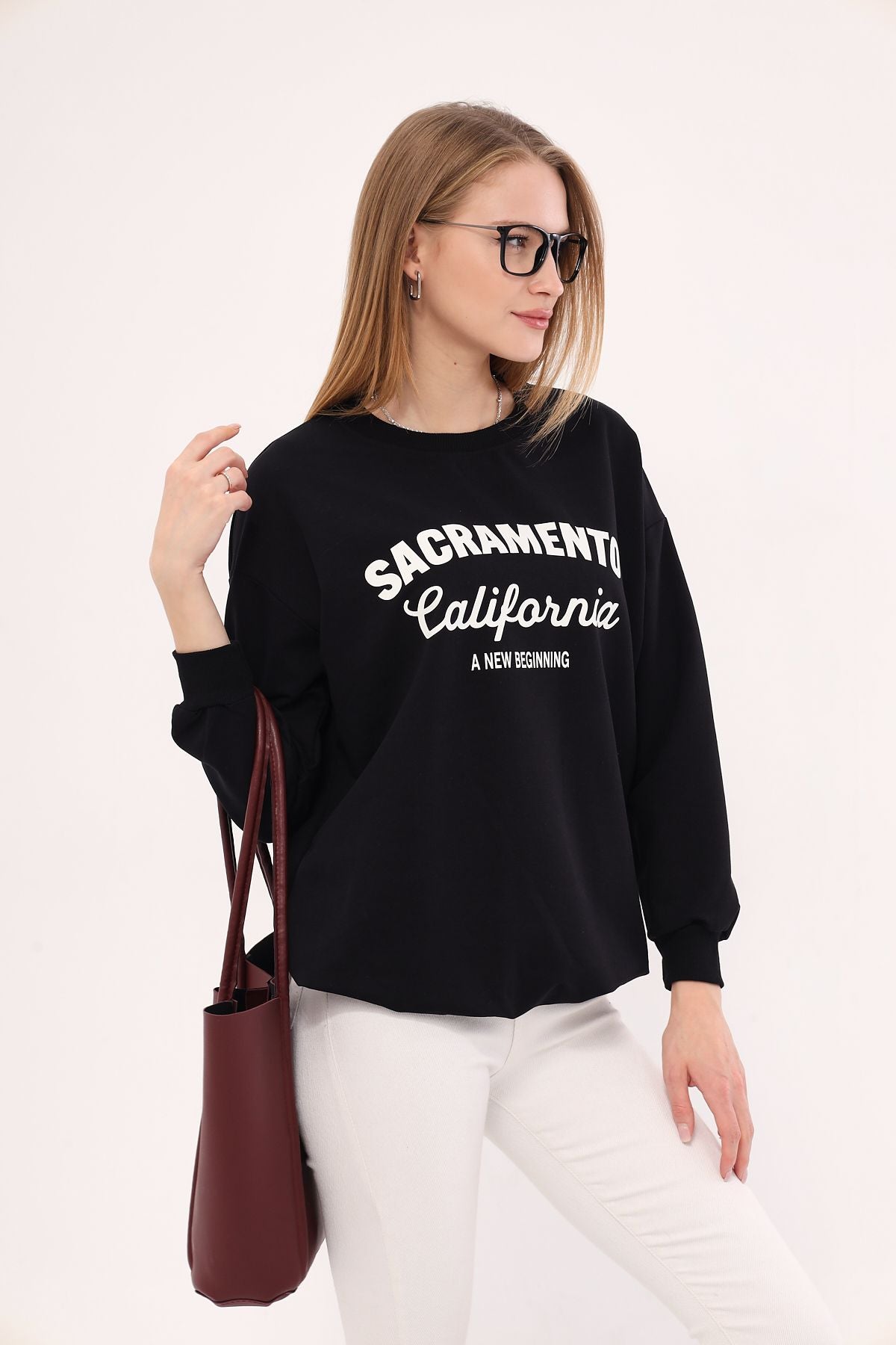 Woman Black Sacramento Printed Oversiz Sweatshirt Arm-25k001020