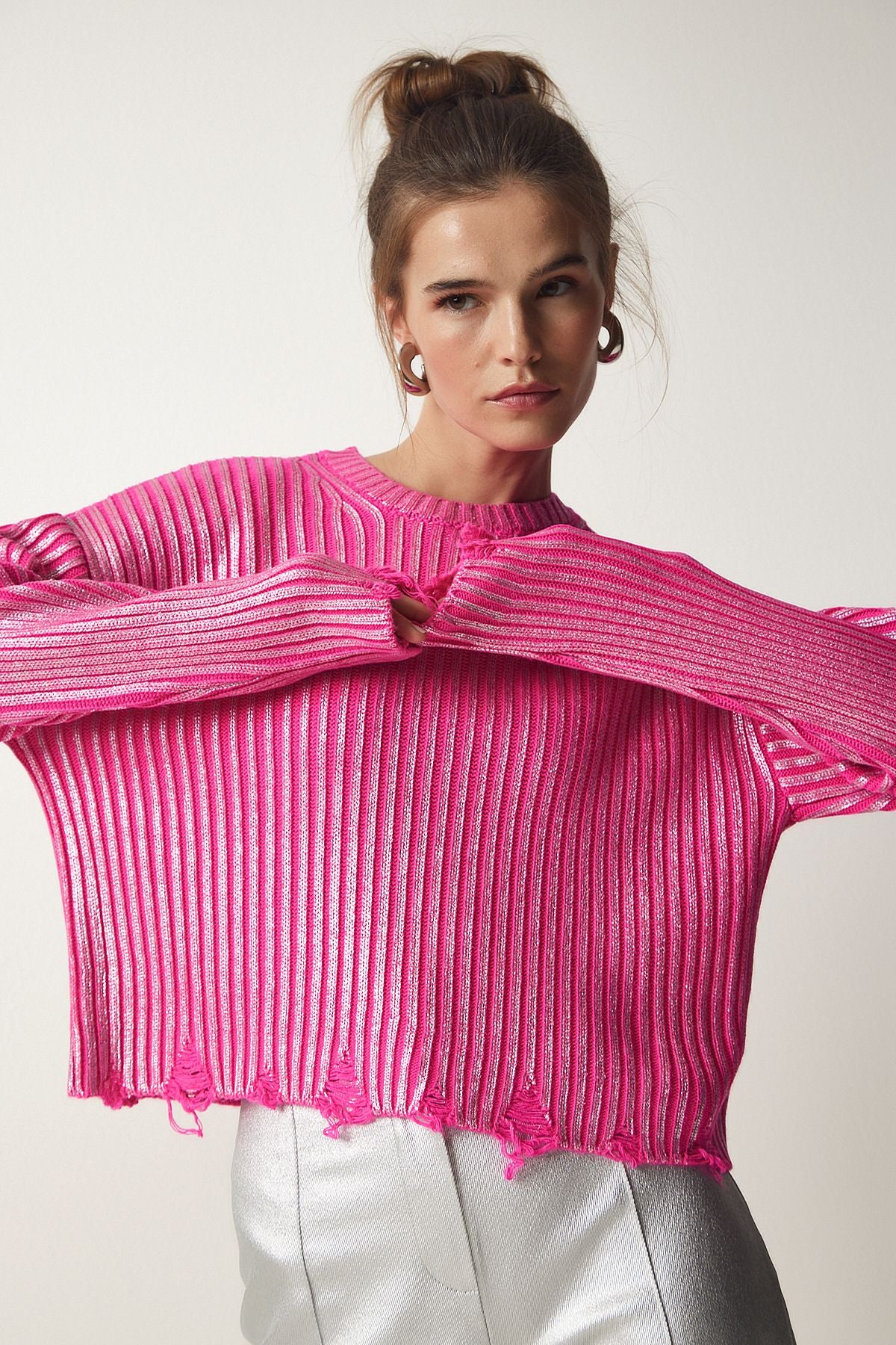 Woman Pink Torn Detailed Bright Knitwear Sweater PF00021