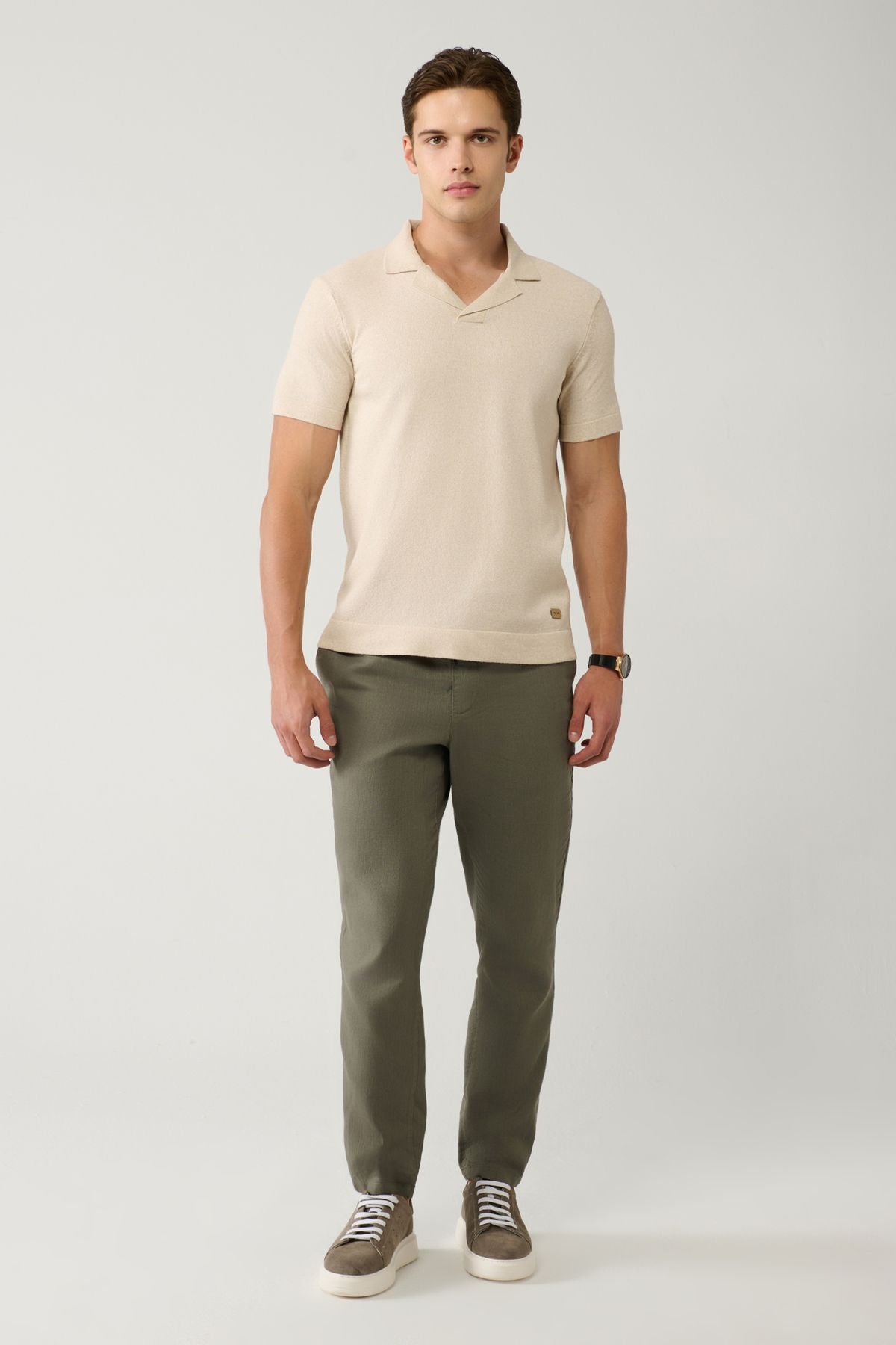 Men's Open Khaki Side Pocket Waist Linen Textured Trousers E003052