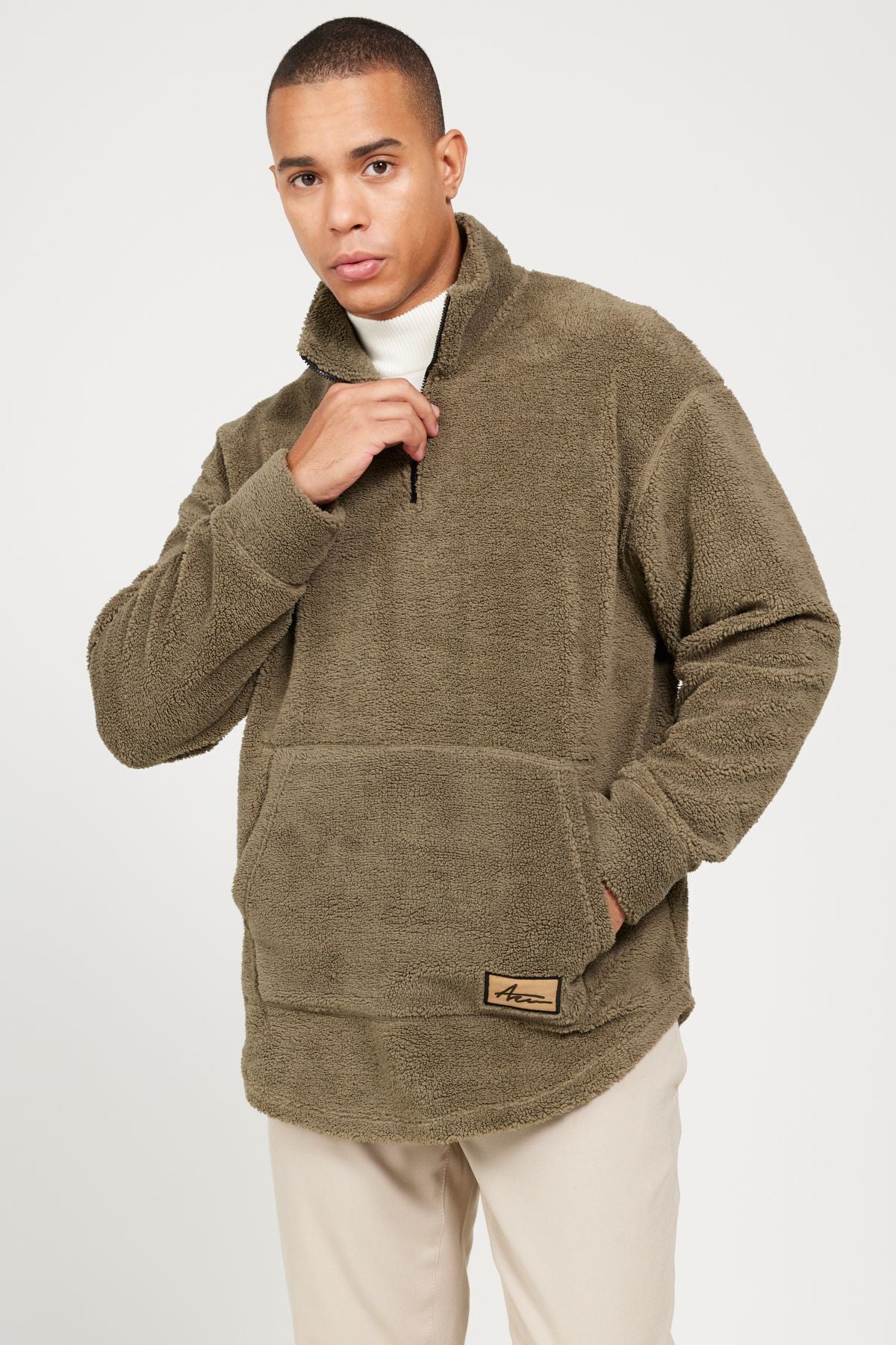 Men's Khaki Oversize Plenty Cut Ortak Bato Yaka Sherpa Sweatshirt Polar