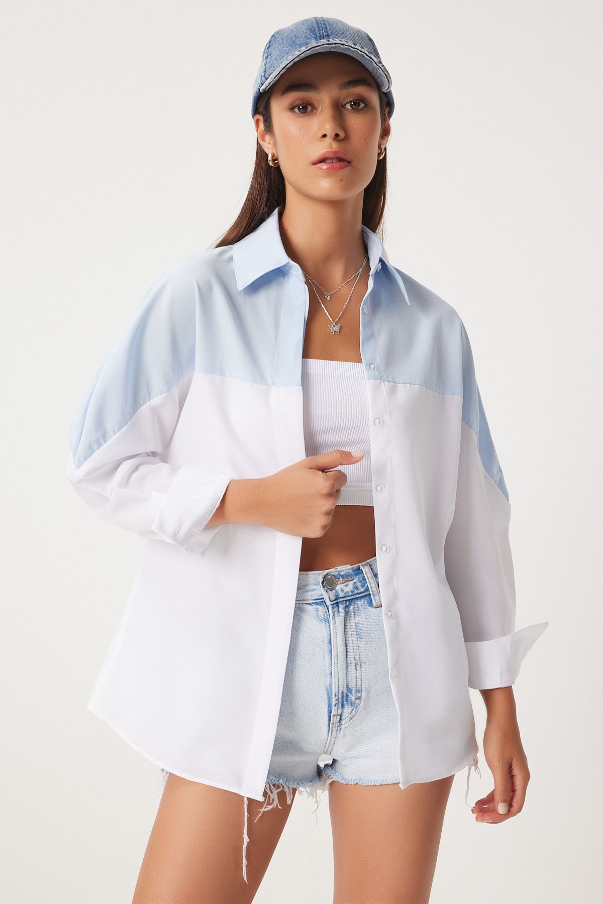 Woman Sky Blue White Block Color Boyfriend Shirt DD01306