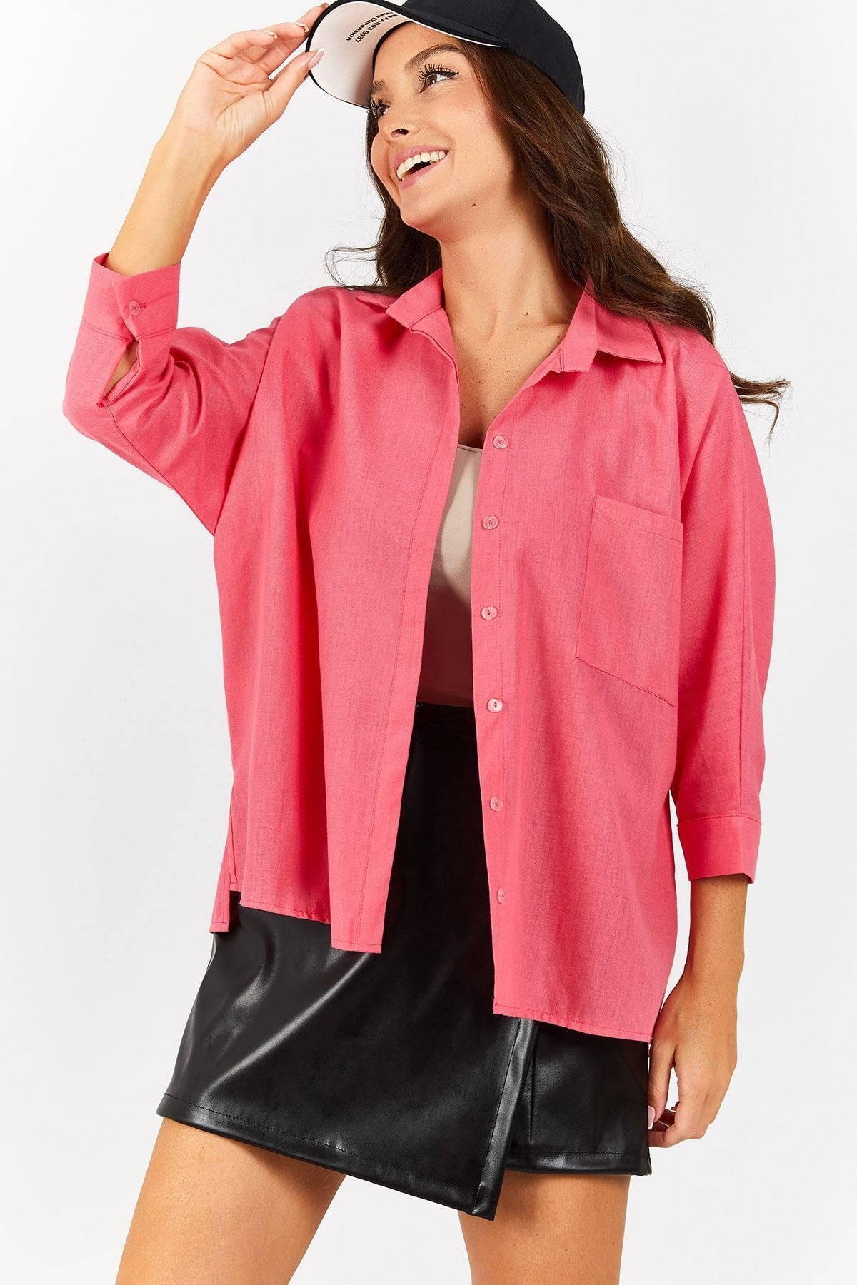 Women's Fuchsia pocket shabby linen shirt ARM-21Y001035