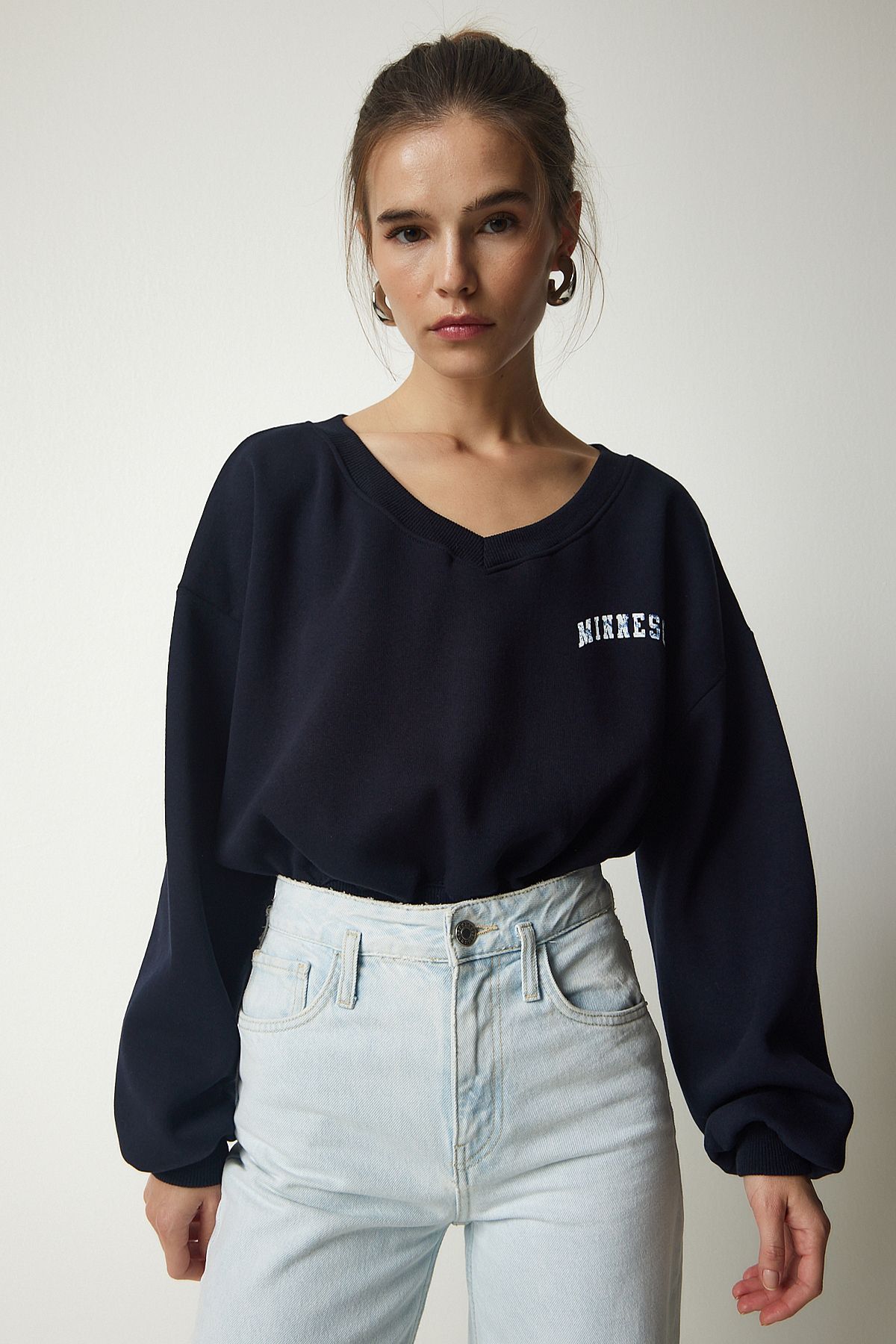 Woman Navy blue V -neck Oversize Crop Knitting Sweatshirt Mc00239