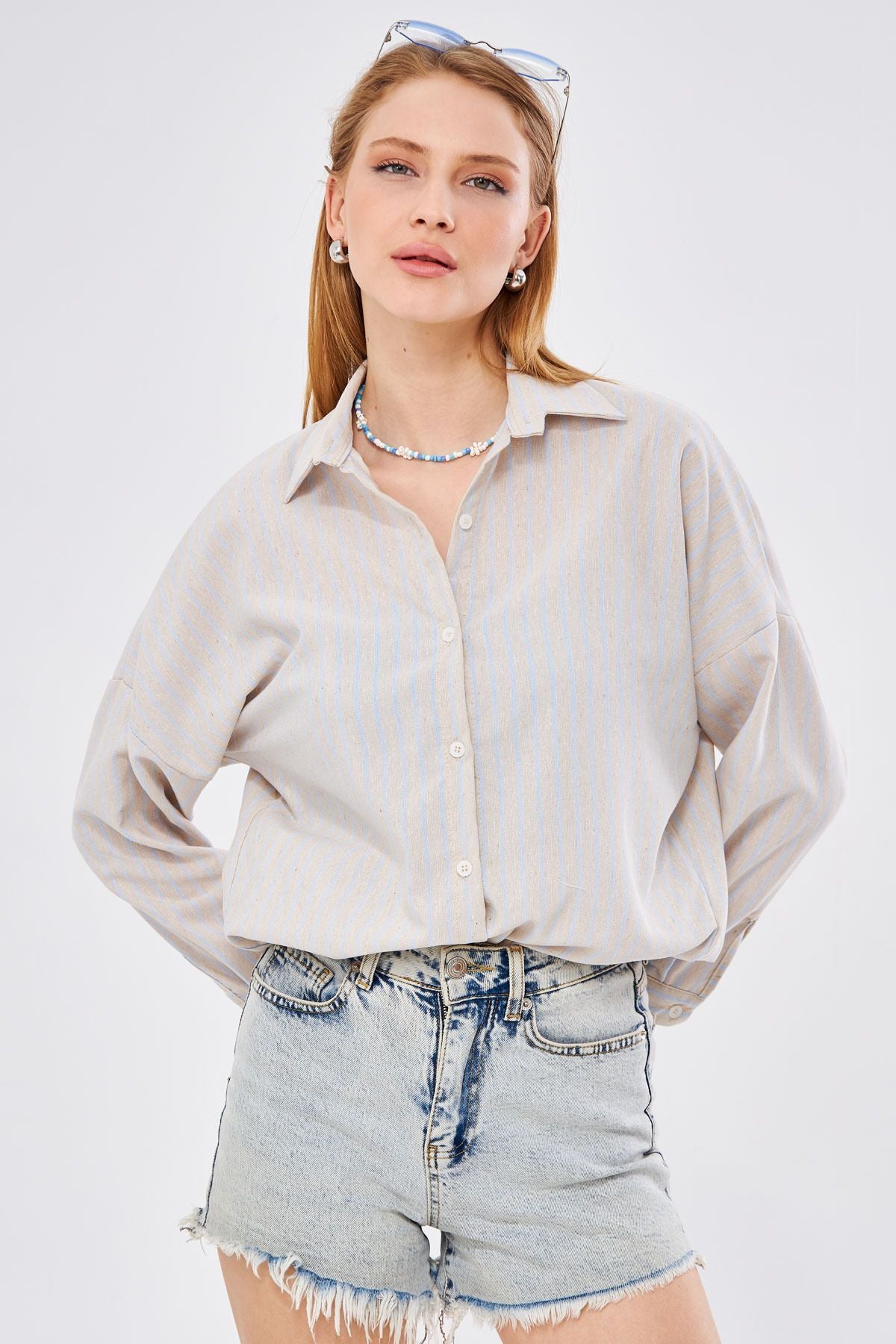 Woman Light Blue Striped Oversize Long Basic Shirt ARM-24K001061