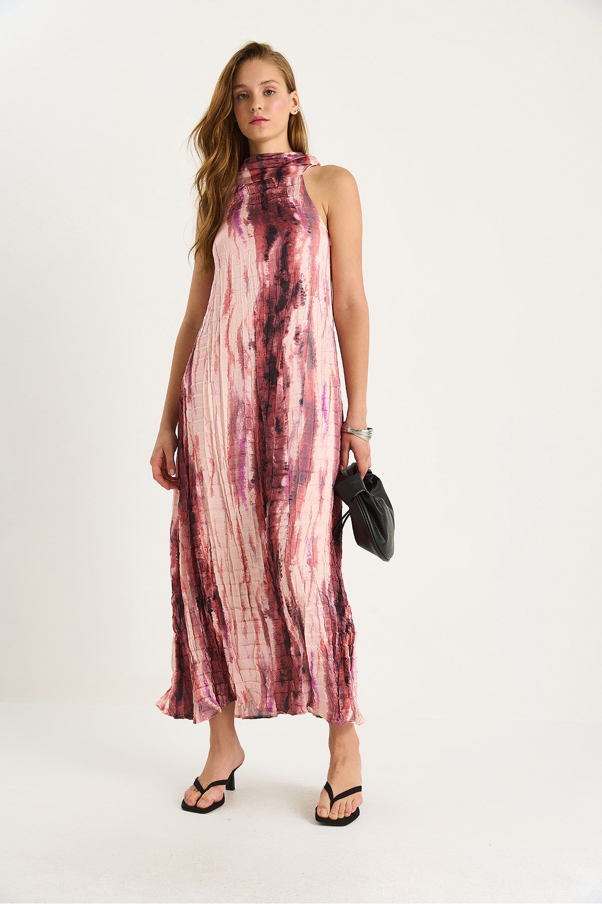 Women's Patterned Halter Neck Lined Satin Textured Crush Dress DE251059 60283419