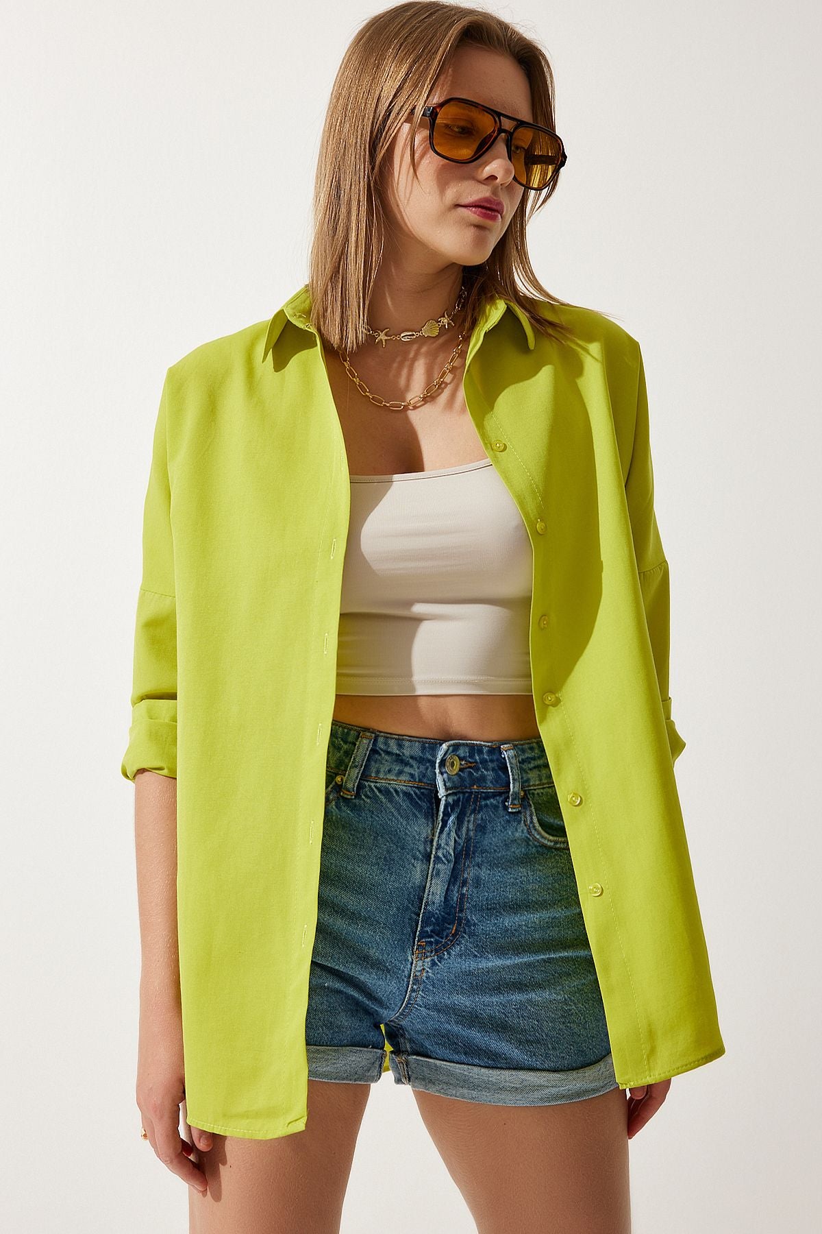Female Fat Green Oversize Long Basic Shirt DD00842
