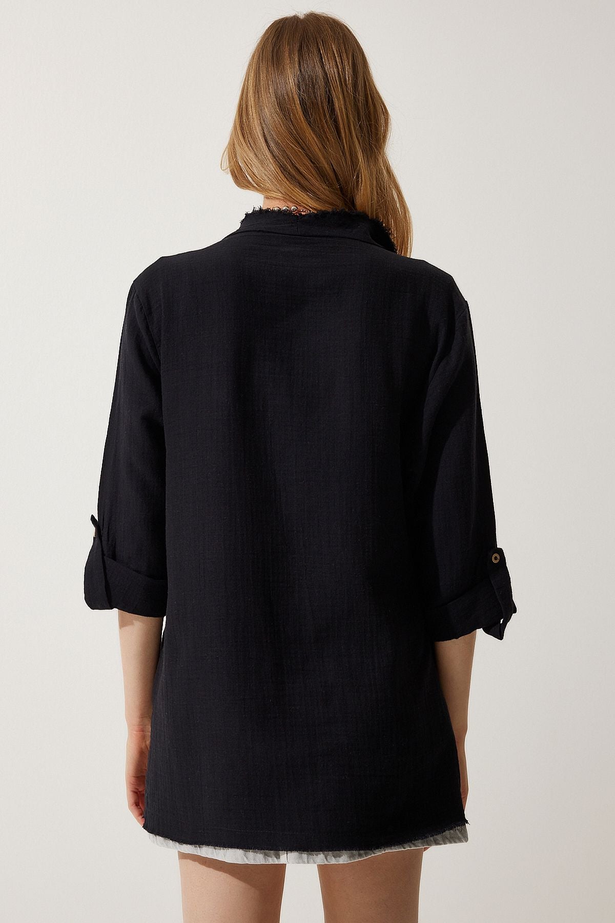 Female black fringer detailed asymmetric muslin jacket sa00020