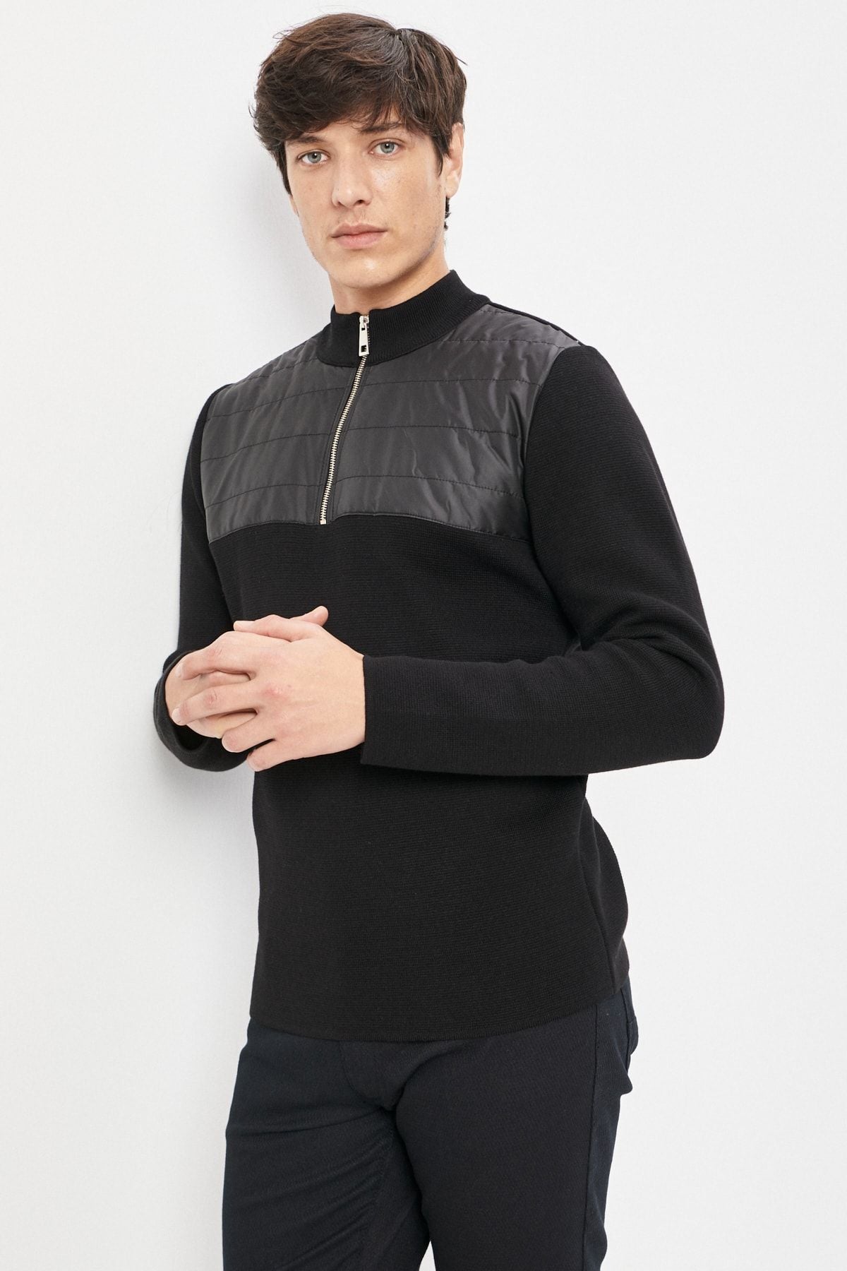 Men's black standard fit Normal cut upright bato collar 100 %cotton knitwear sweater