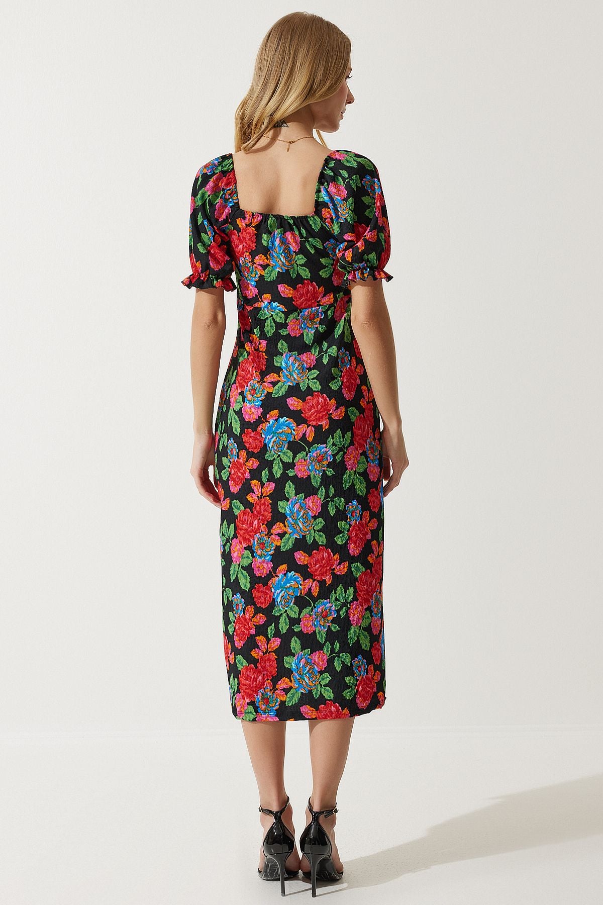 Woman Red Elastic Carmen Yaka Summer Viscose Dress MC00172
