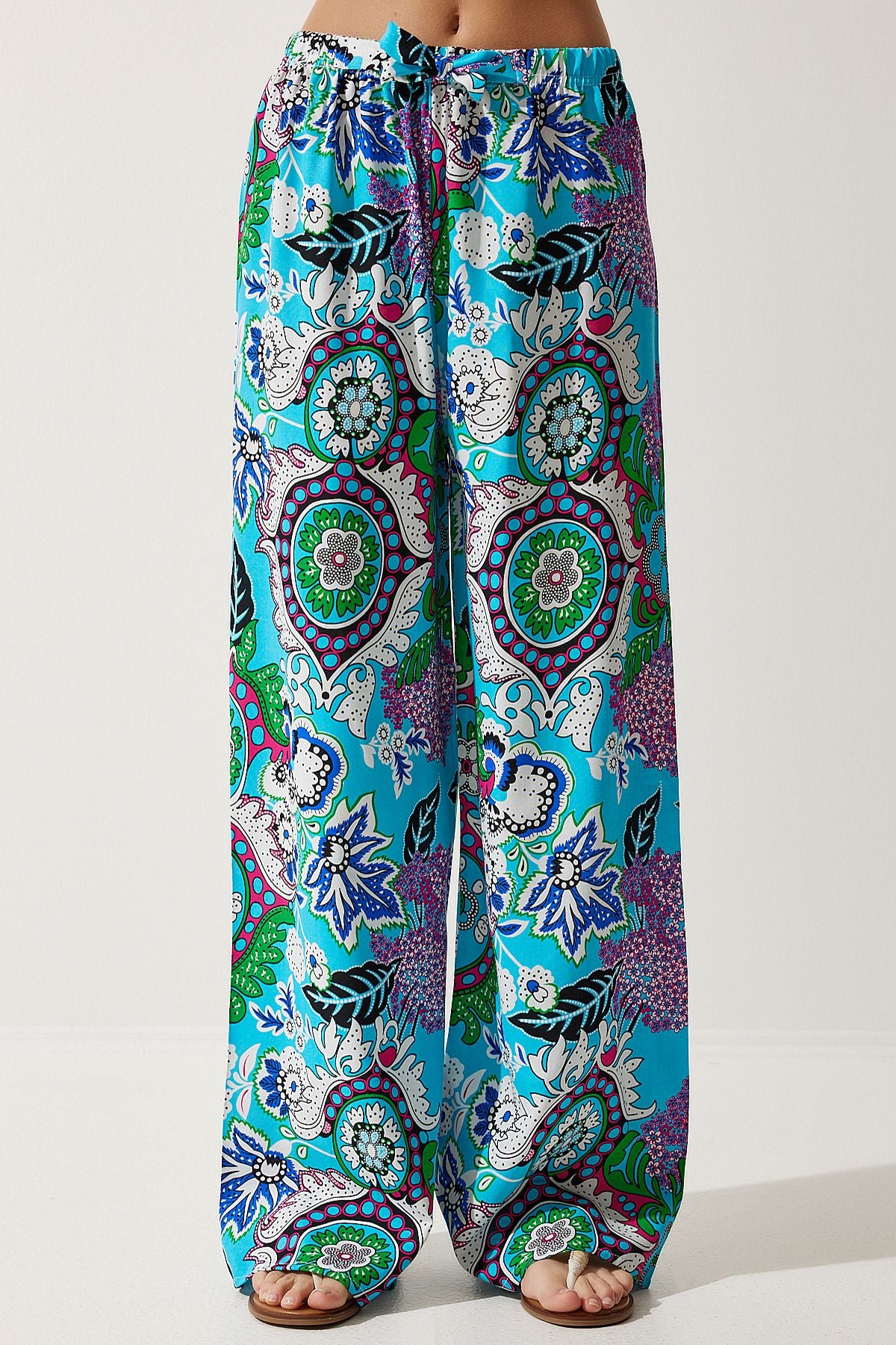 Female turquoise patterned viscose palazzo pants EN00606