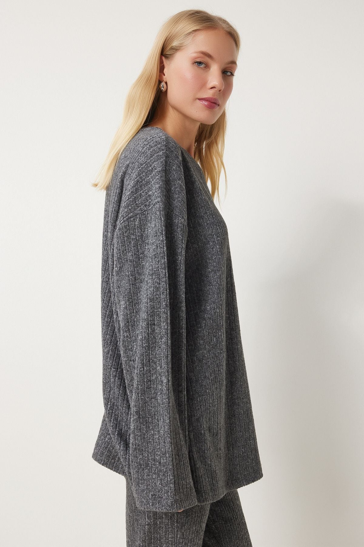 Woman anthracite comfortable wick knitted blouse trousers set RG00047