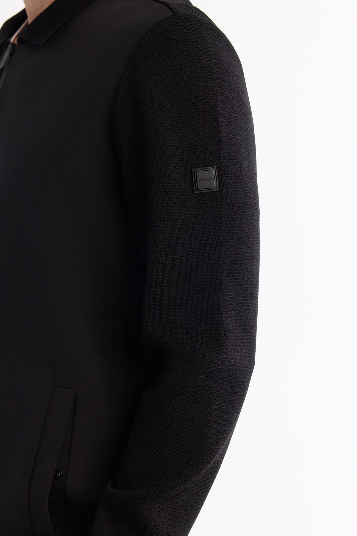Men's Black Polo Yaka Zippered Pocket Rayon Cardigan A42Y5047
